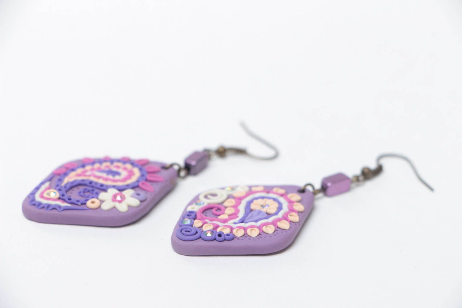 Lilac earrings made of polymer clay with patterns handmade summer accessory photo 3