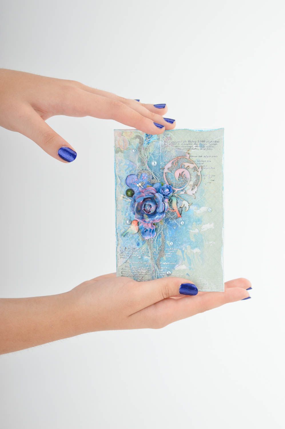 Carte de voeux fait main Carte de souhait papier fleur bleue Cadeau original photo 1