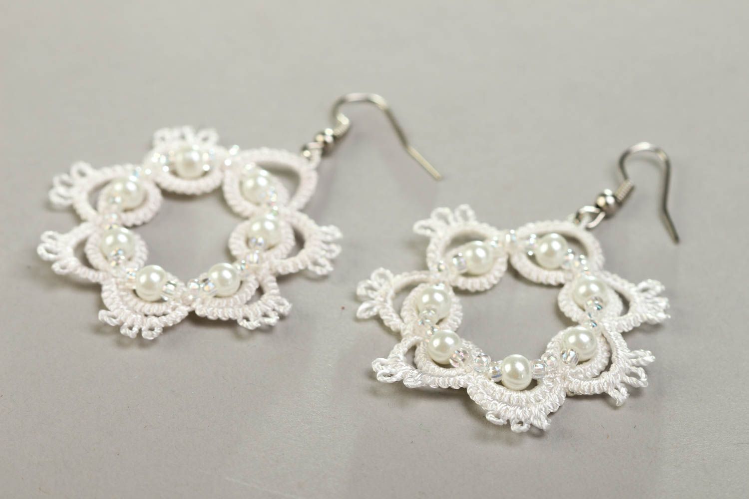 White handmade tatting earrings woven thread earrings accessories for girls photo 3