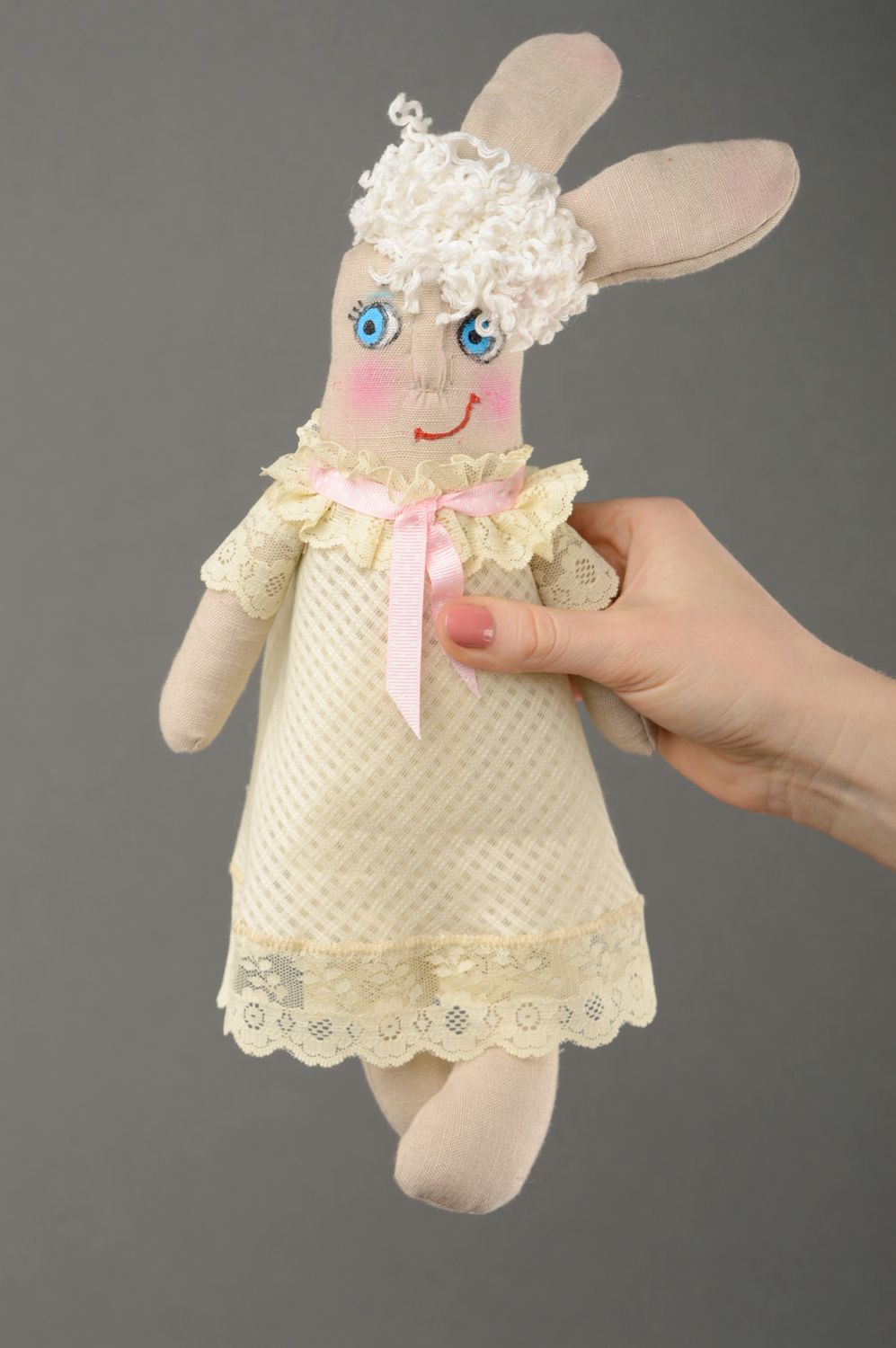 Fabric soft toy rabbit in beautiful dress photo 3