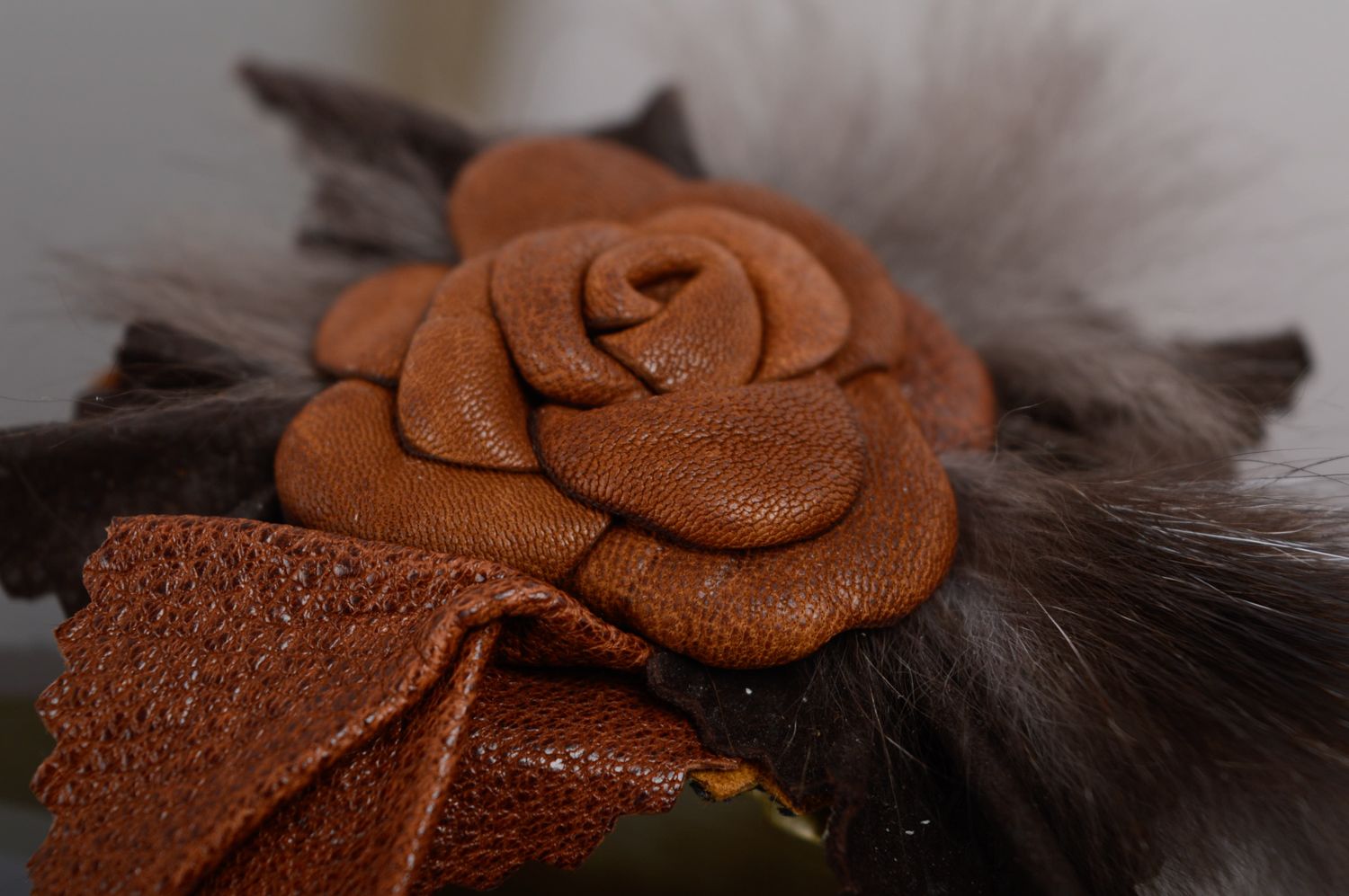 Festive handmade leather brooch with fur photo 3
