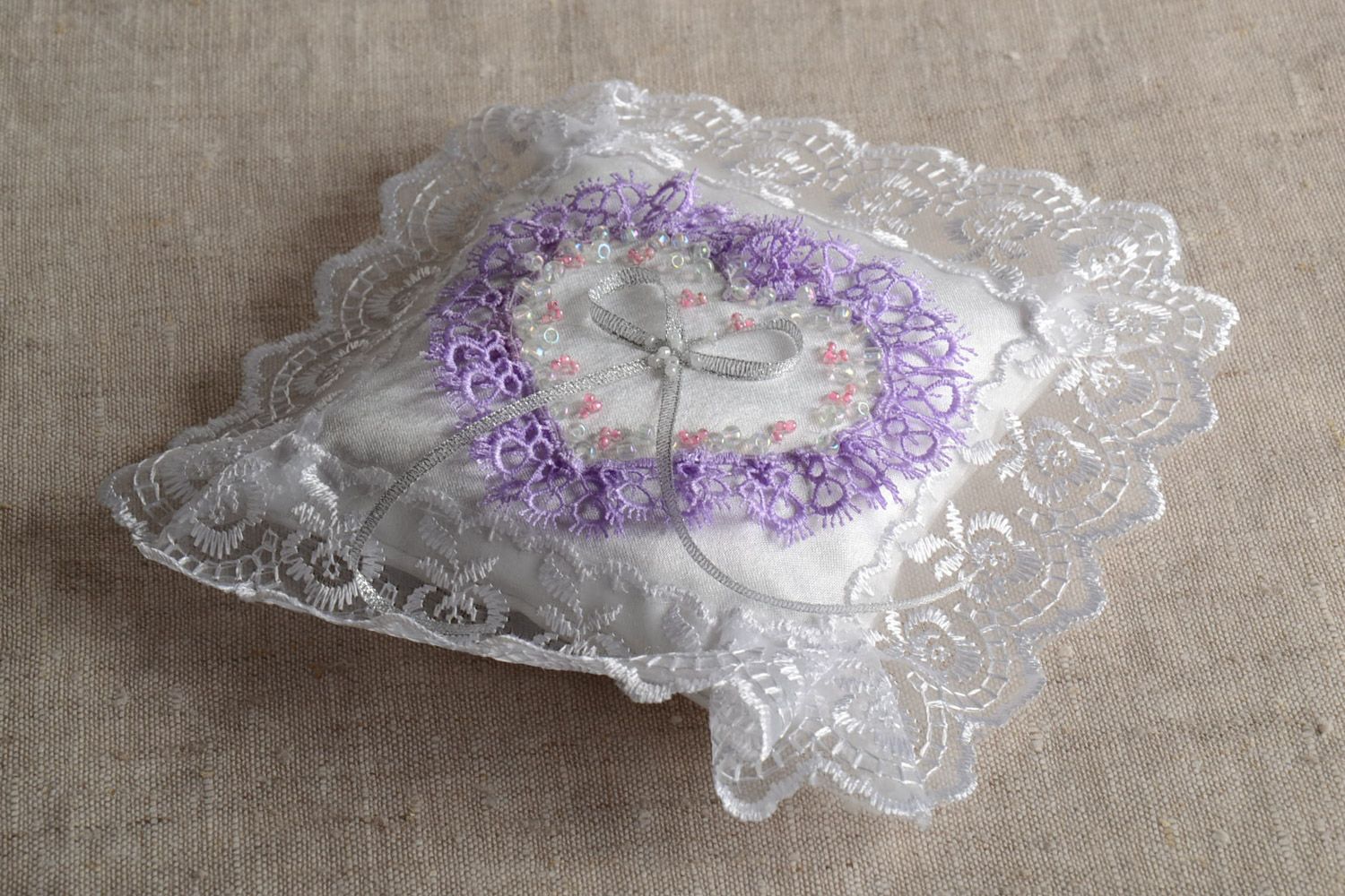 Handmade white satin rings bearer pillow with lace violet heart and beads photo 1