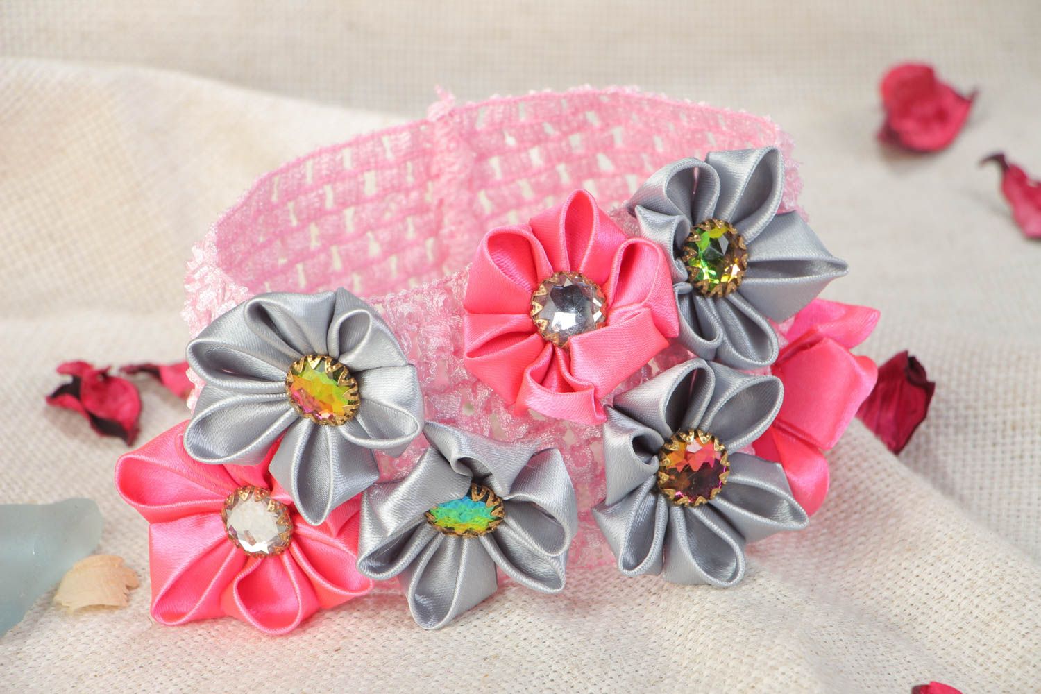 Handmade stretch headband with kanzashi satin flowers of pink and gray colors photo 1