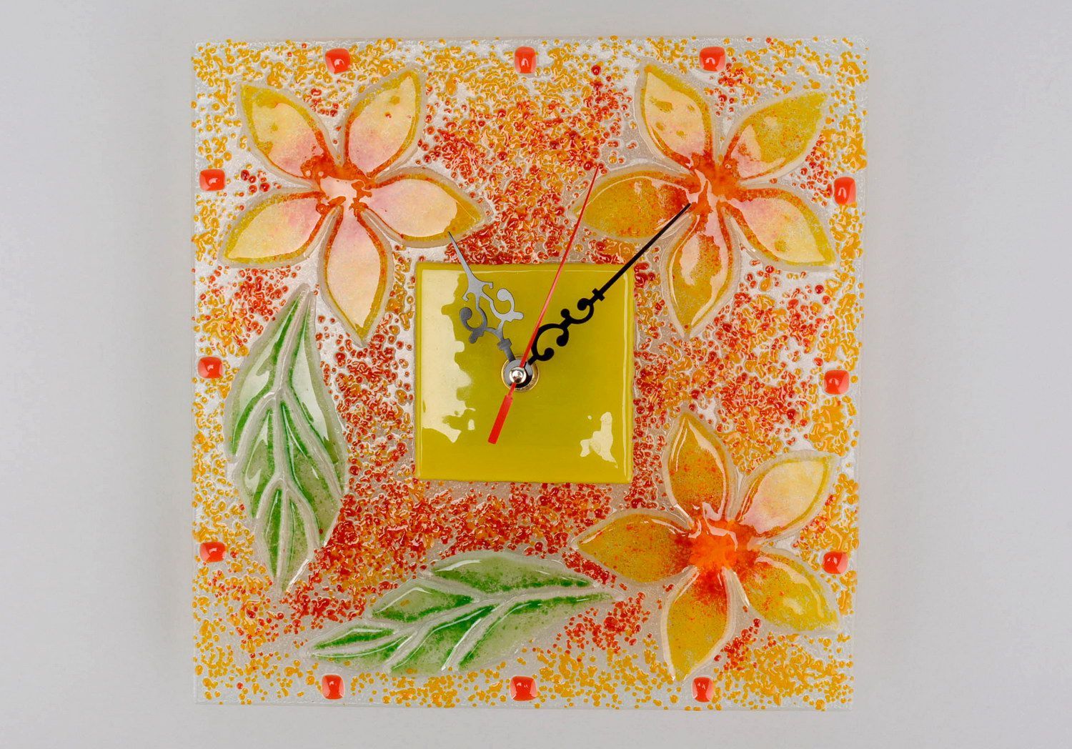 Wanduhr aus Glass Fusing Gelbe Blumen foto 1