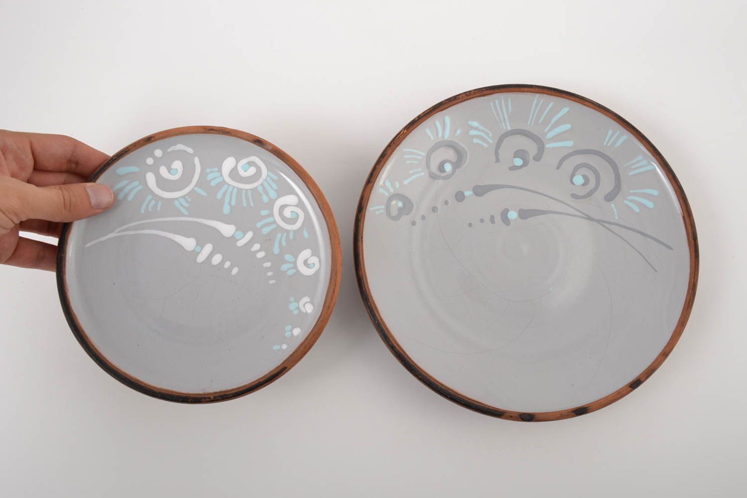 Тарелки ручной работы глиняные тарелки комплект посуды расписной две штуки фото 4