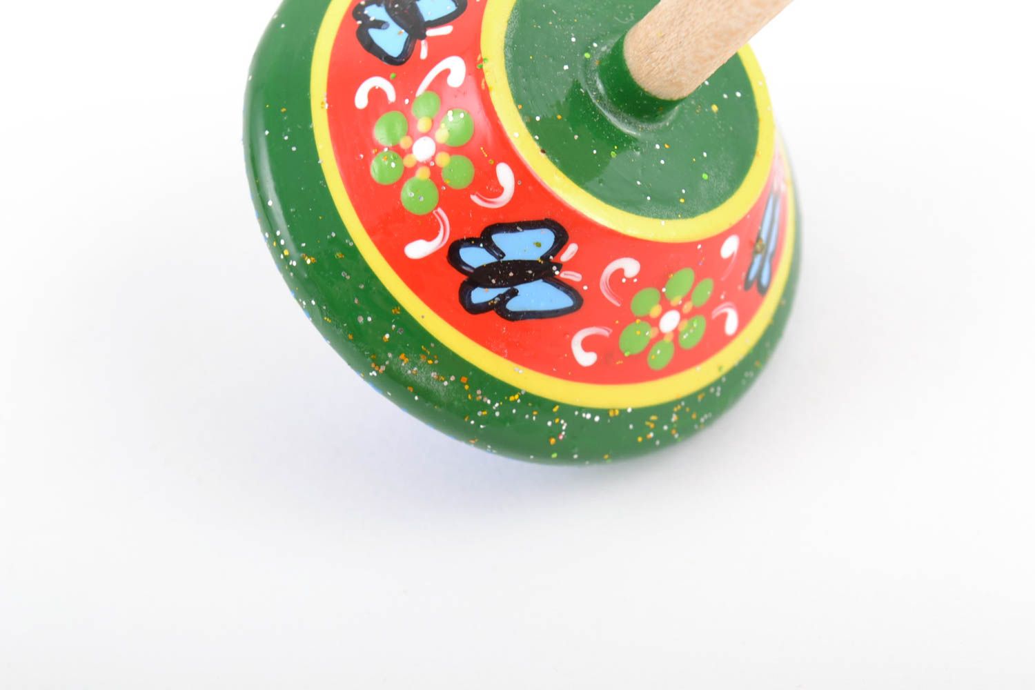 Green handmade wooden spin top painted with eco dyes educative children's toy photo 5