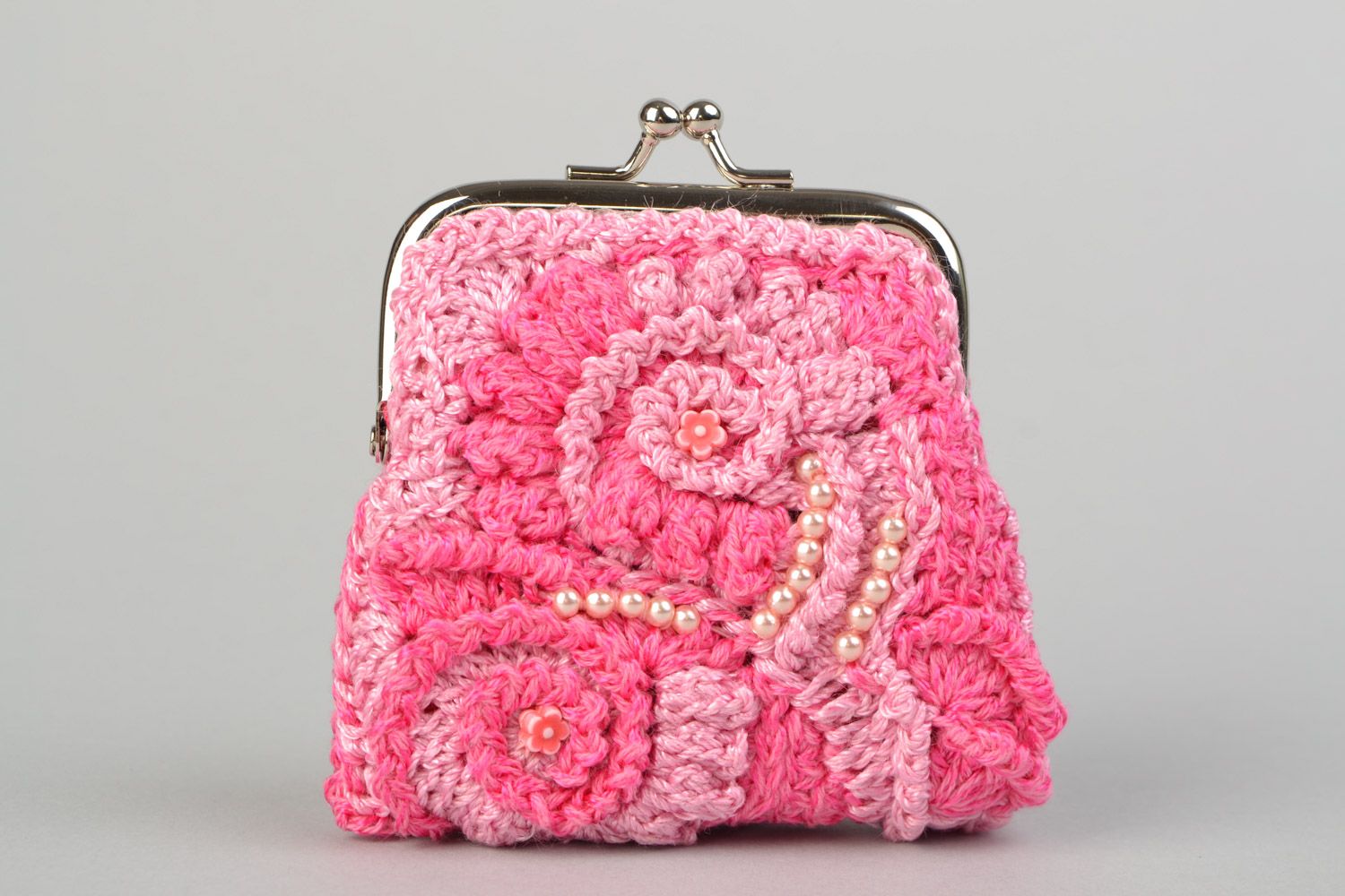 Handmade pink lacy coin purse crochet of cotton threads with fermail fastener photo 1