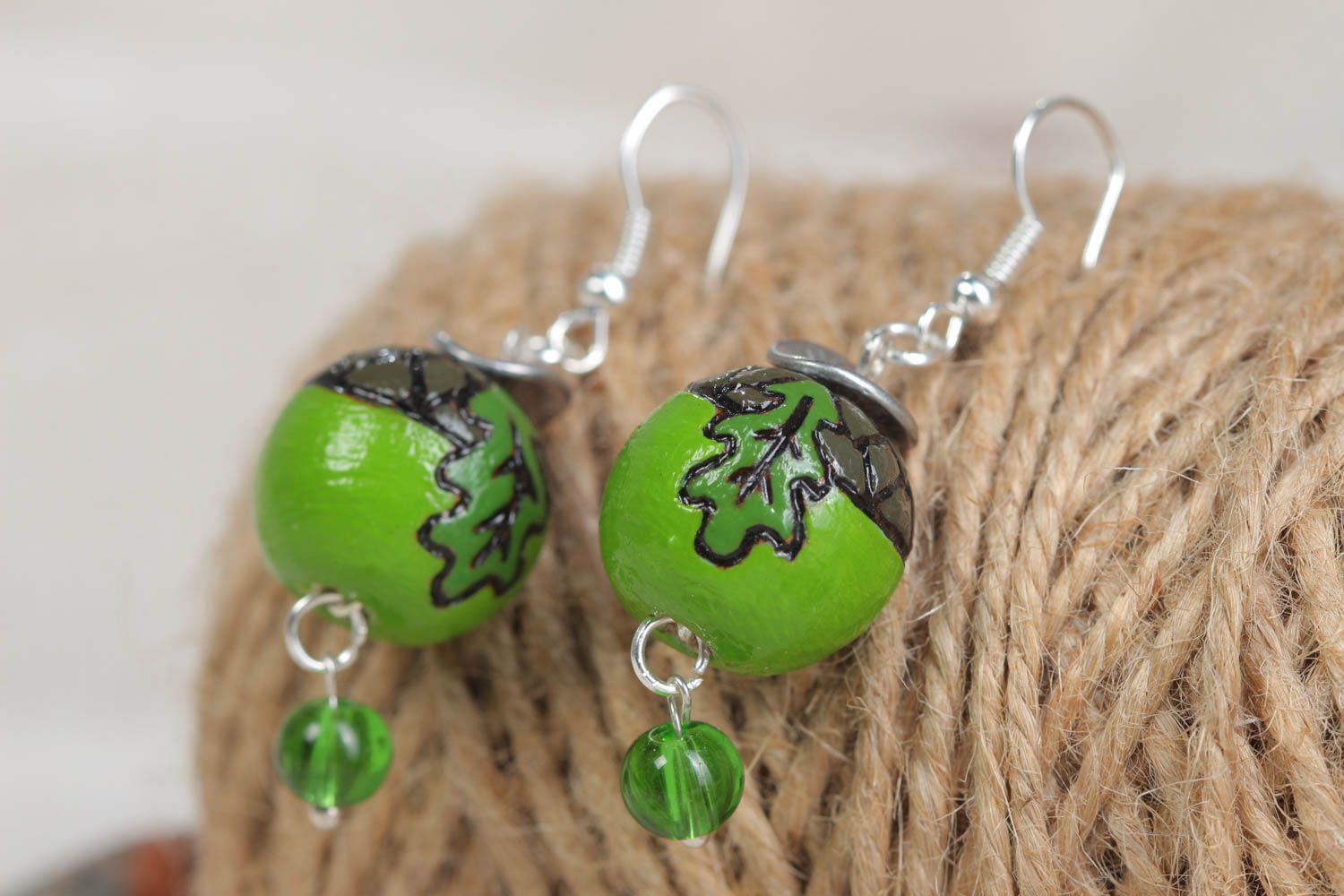 Wooden handmade earrings stylish round jewelry unusual green accessories photo 1