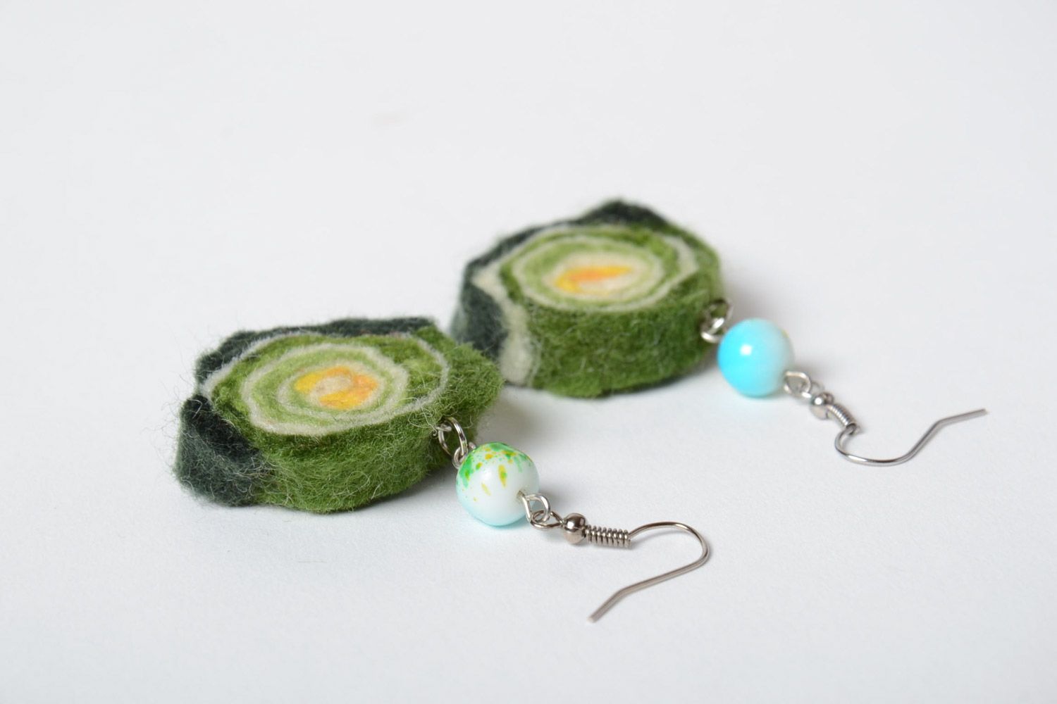 Green handmade designer felted wool ball earrings with beads photo 5