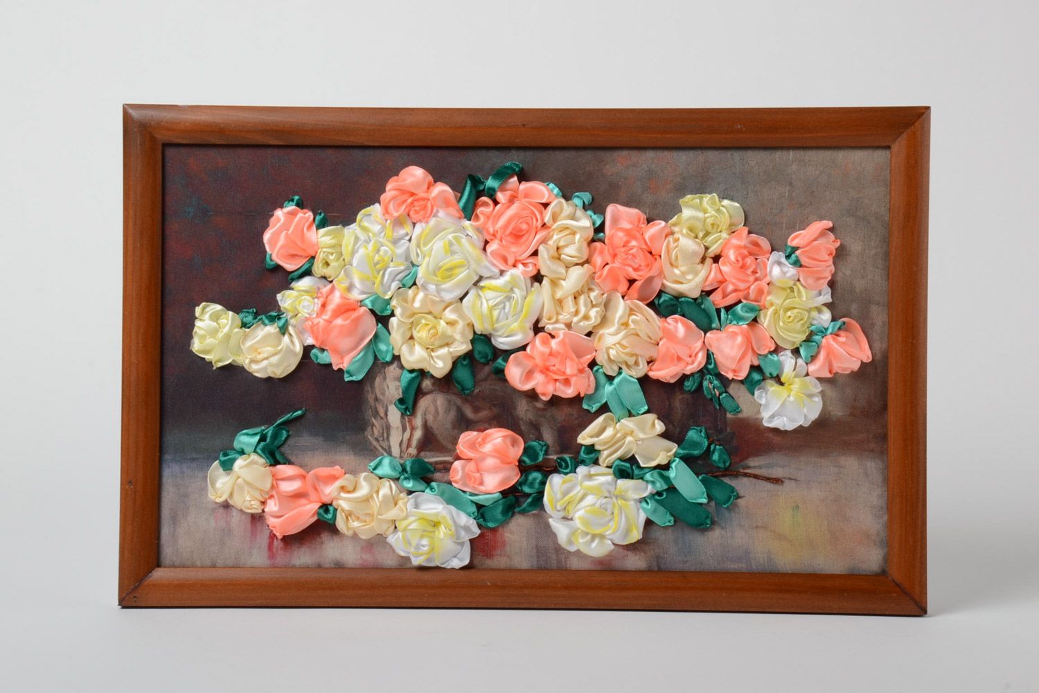 Handmade beautiful embroidered picture with flowers in a rectangular frame photo 1