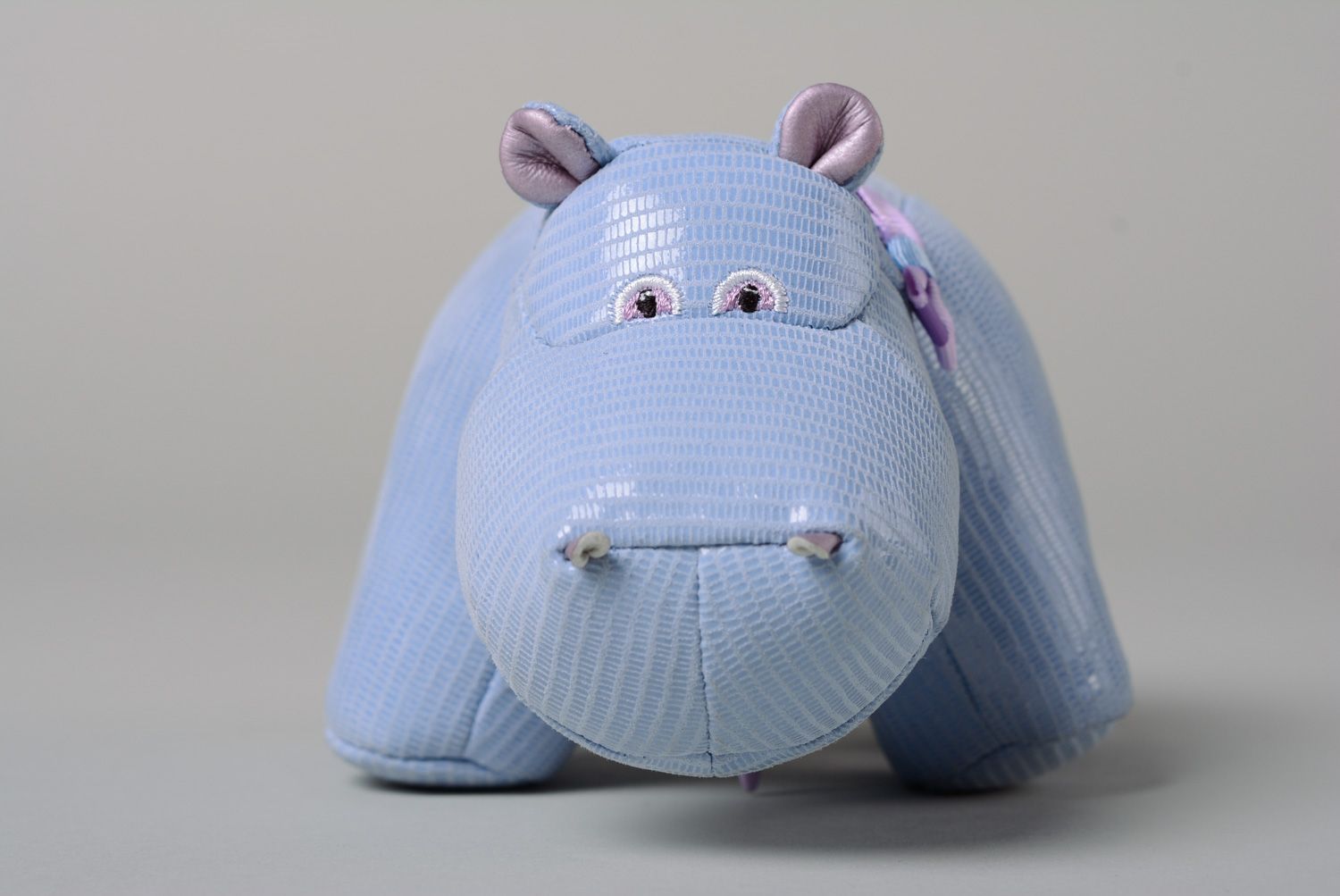 Handmade interior leather soft toy in the shape of hippo with pocket of blue color photo 2