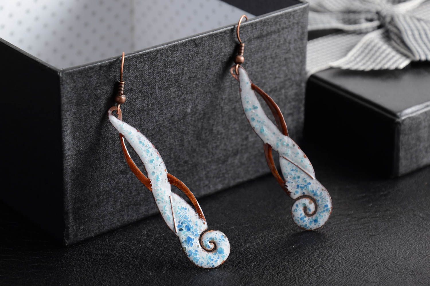 Copper handmade decorative earrings with hot enamel painting long with charms photo 1