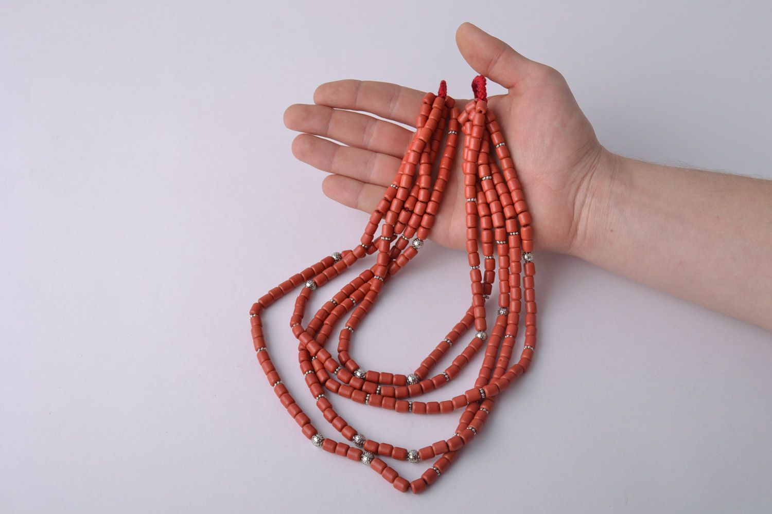 Handmade stylish multi row ceramic bead necklace of red color in ethnic style photo 3