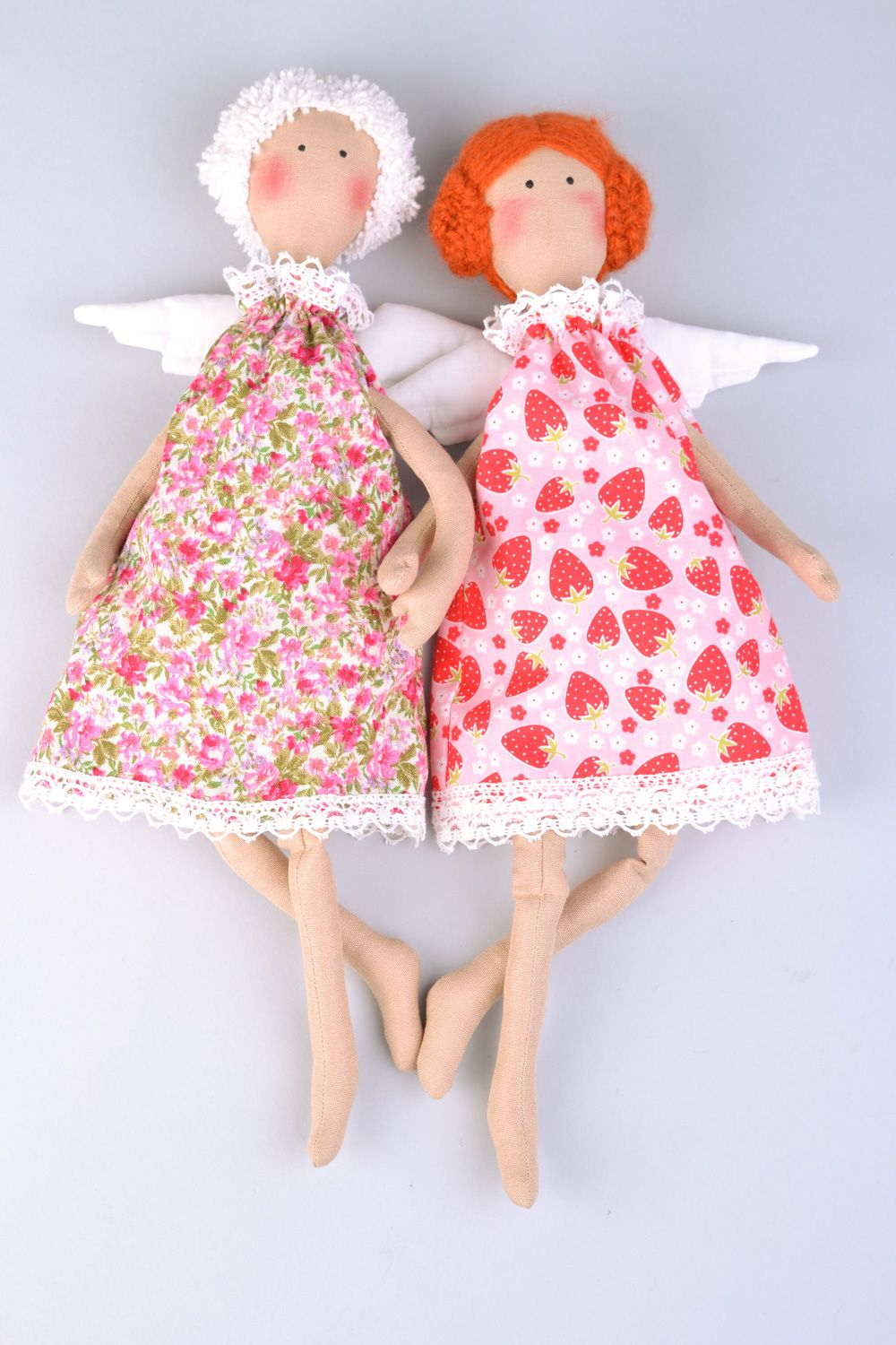 Pair of handmade designer soft dolls sewn of linen and cotton fabrics Angels photo 1