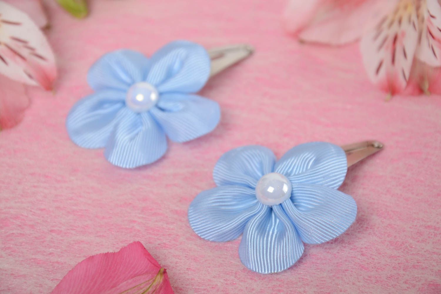 Handmade tender hair clips with light blue rep ribbon flowers set of 2 items photo 1