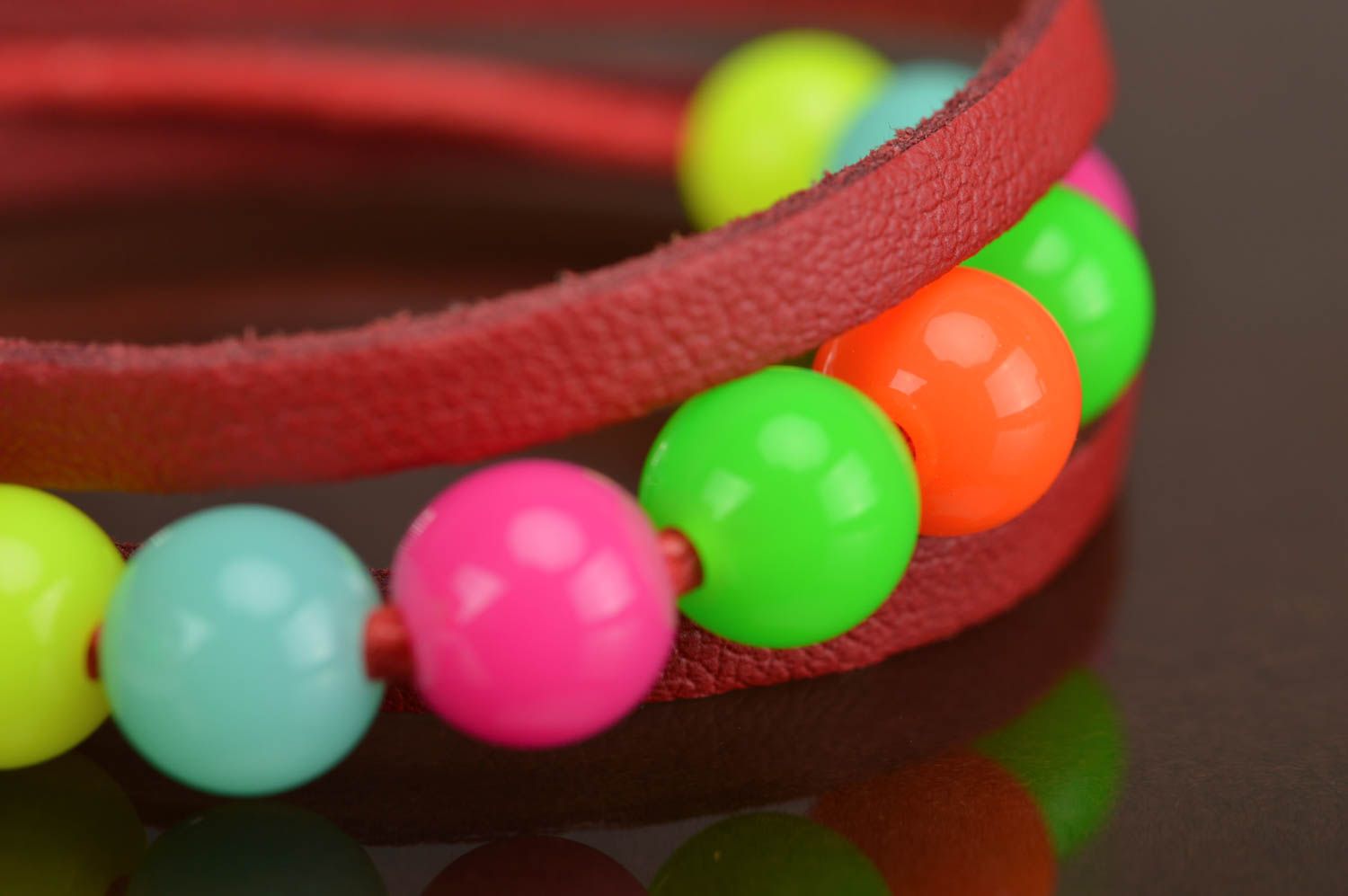 Set of 2 handmade colorful leather wrist bracelets for children and adults photo 5
