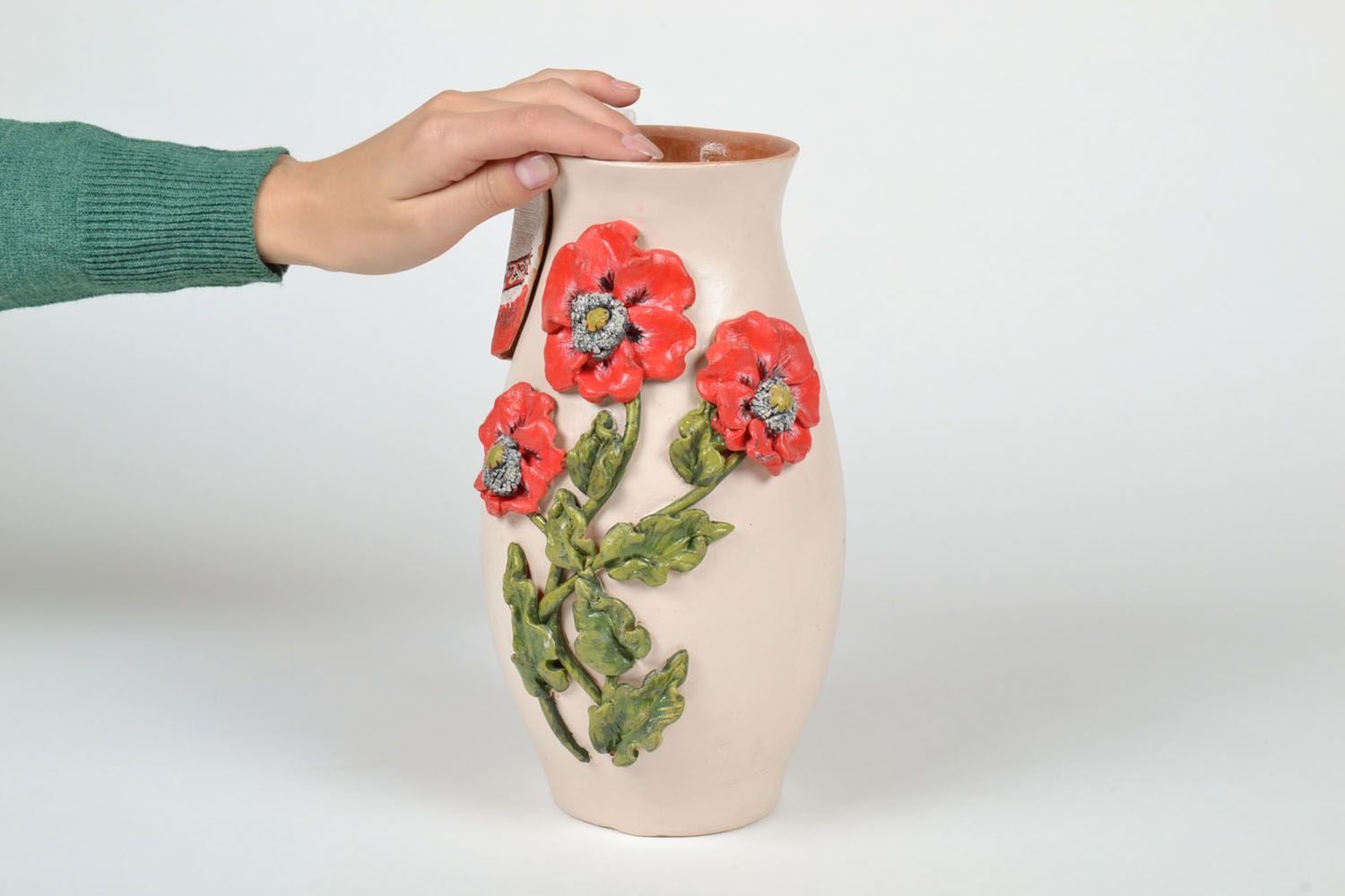 Vase en argile fait main design original décoration pour maison avec coquelicots photo 4