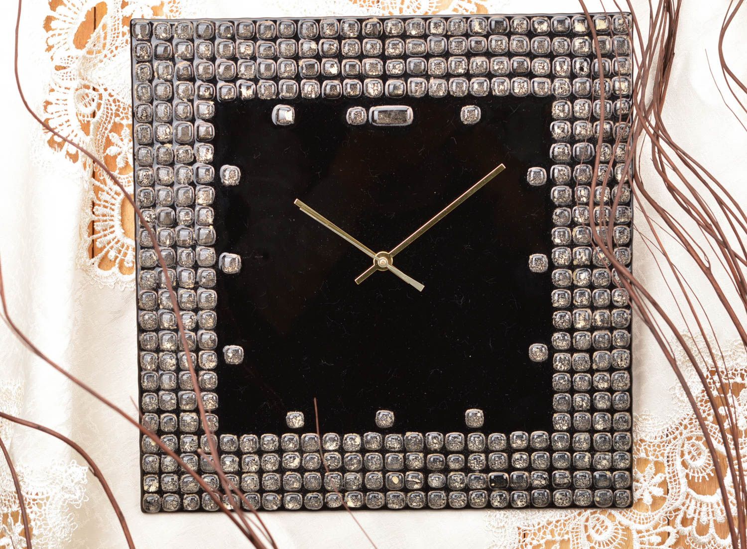 Beautiful square handmade designer fused glass wall clock of black color photo 1
