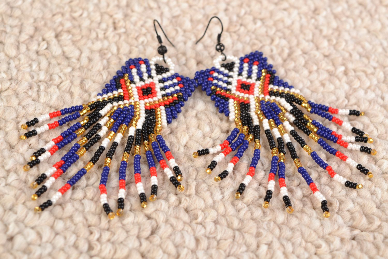 Large beaded earrings with fringe in red and blue colors with ornament photo 1