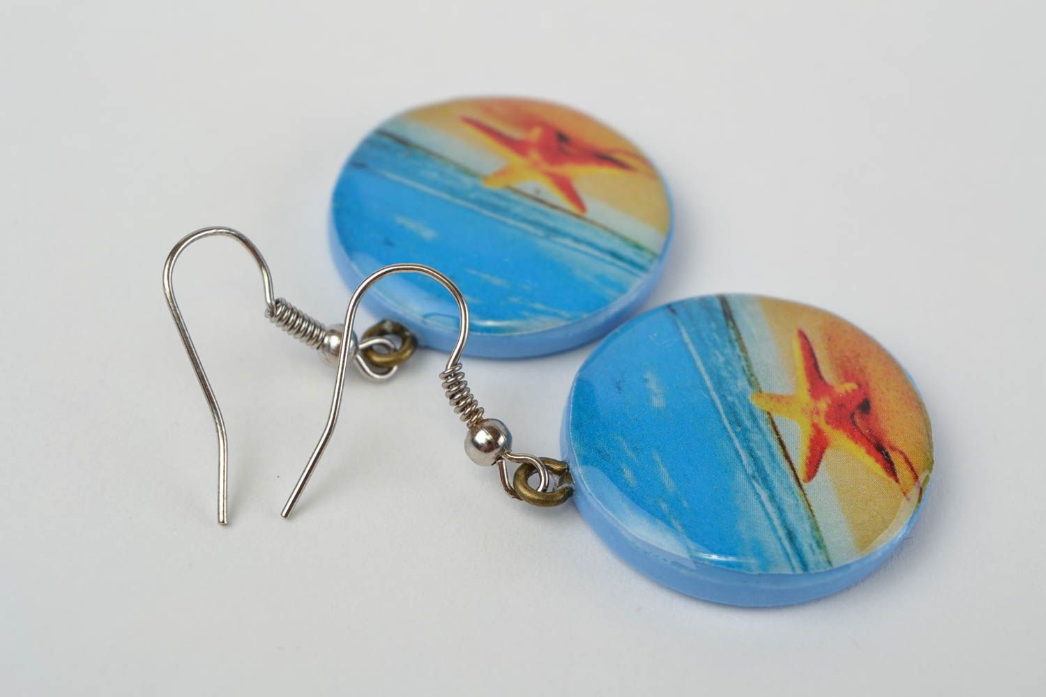 Handmade polymer clay dangling round earrings coated with epoxy resin Seaside photo 5