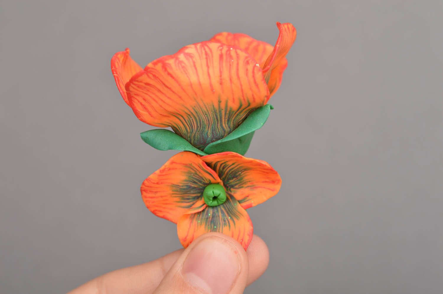 Medium cute handmade hair clip with flowers made of polymer clay Poppy photo 3