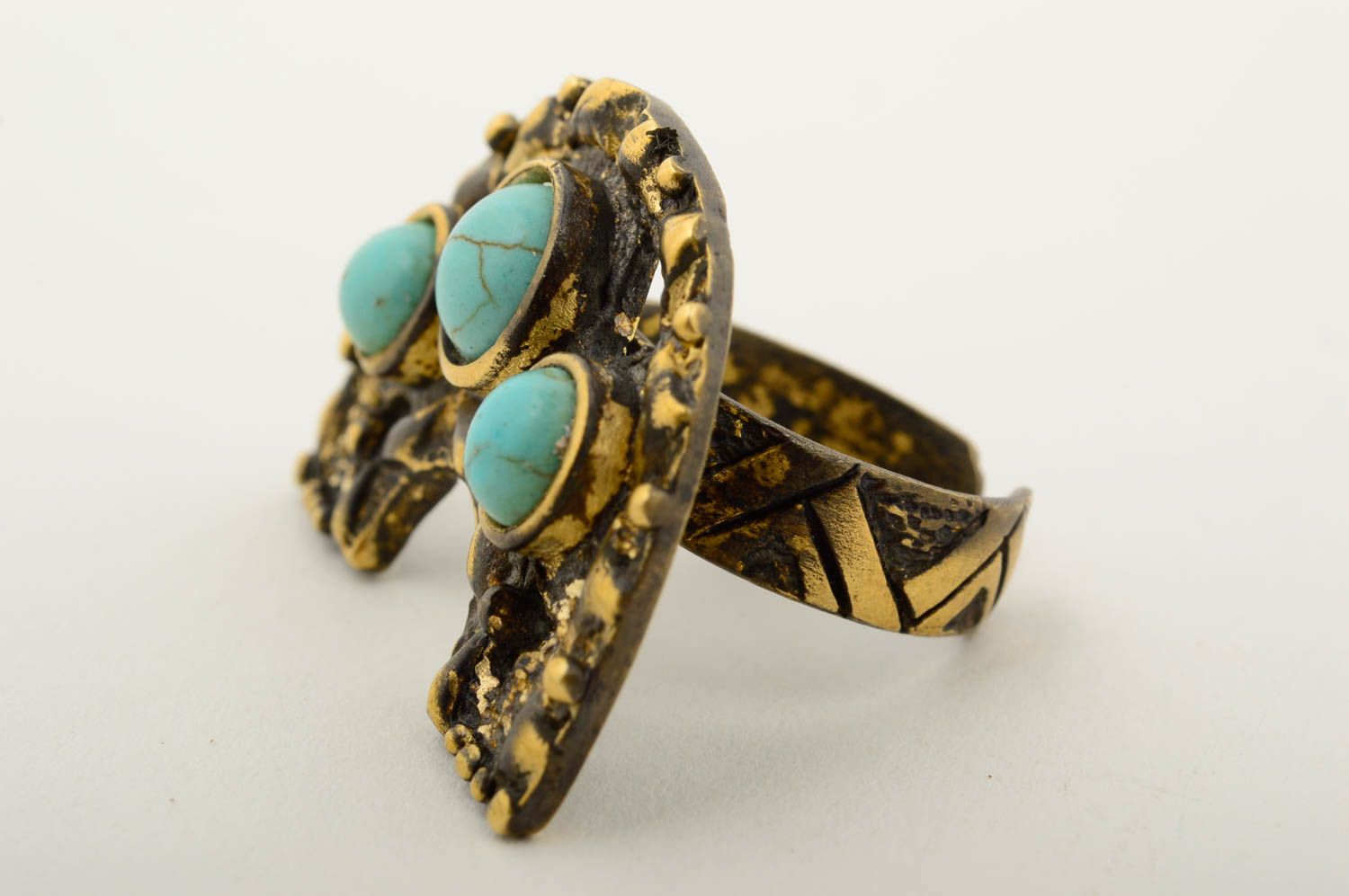 Handmade massive bronze ring jewelry with natural stone beautiful elegant ring photo 4