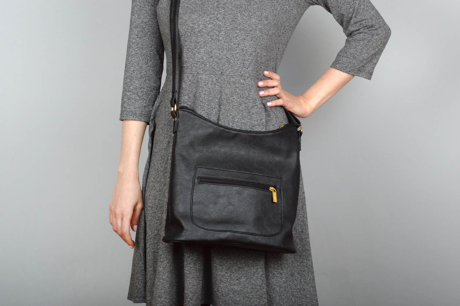 Handmade leatherette shoulder bag black spacious bag gift for wife fashion bag  photo 1