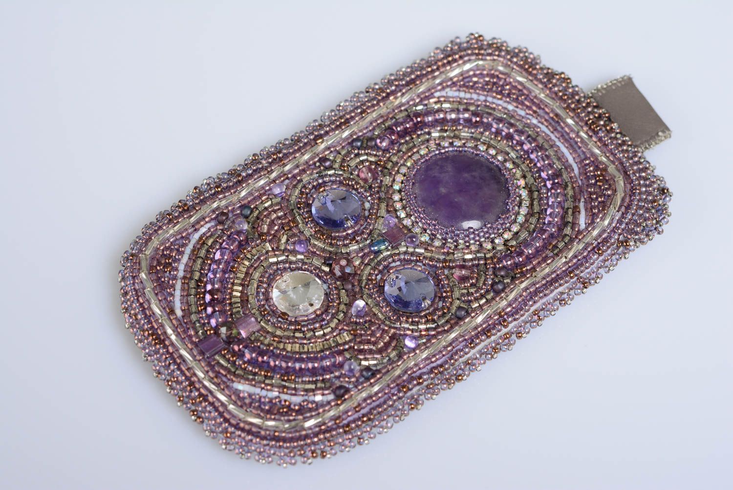 Handmade violet bead embroidered phone case with natural amethyst and rhinestones photo 1