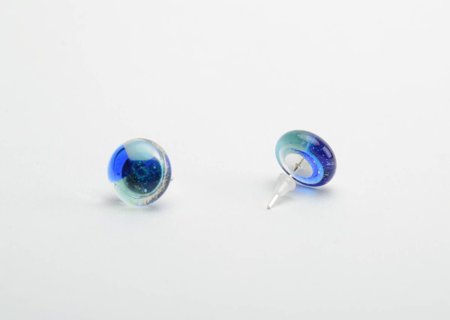 Small glass stud earrings fusing technique with blue tint handmade accessory photo 3