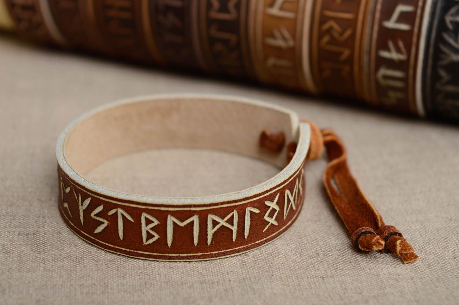 Genuine leather wrist bracelet with runes photo 2