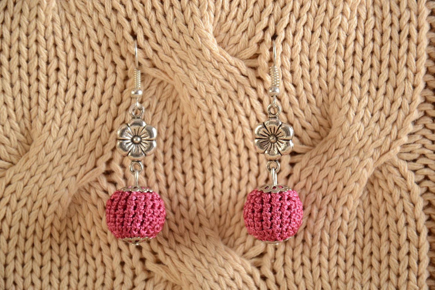 Beautiful homemade crochet ball earrings of crimson color designer jewelry photo 1