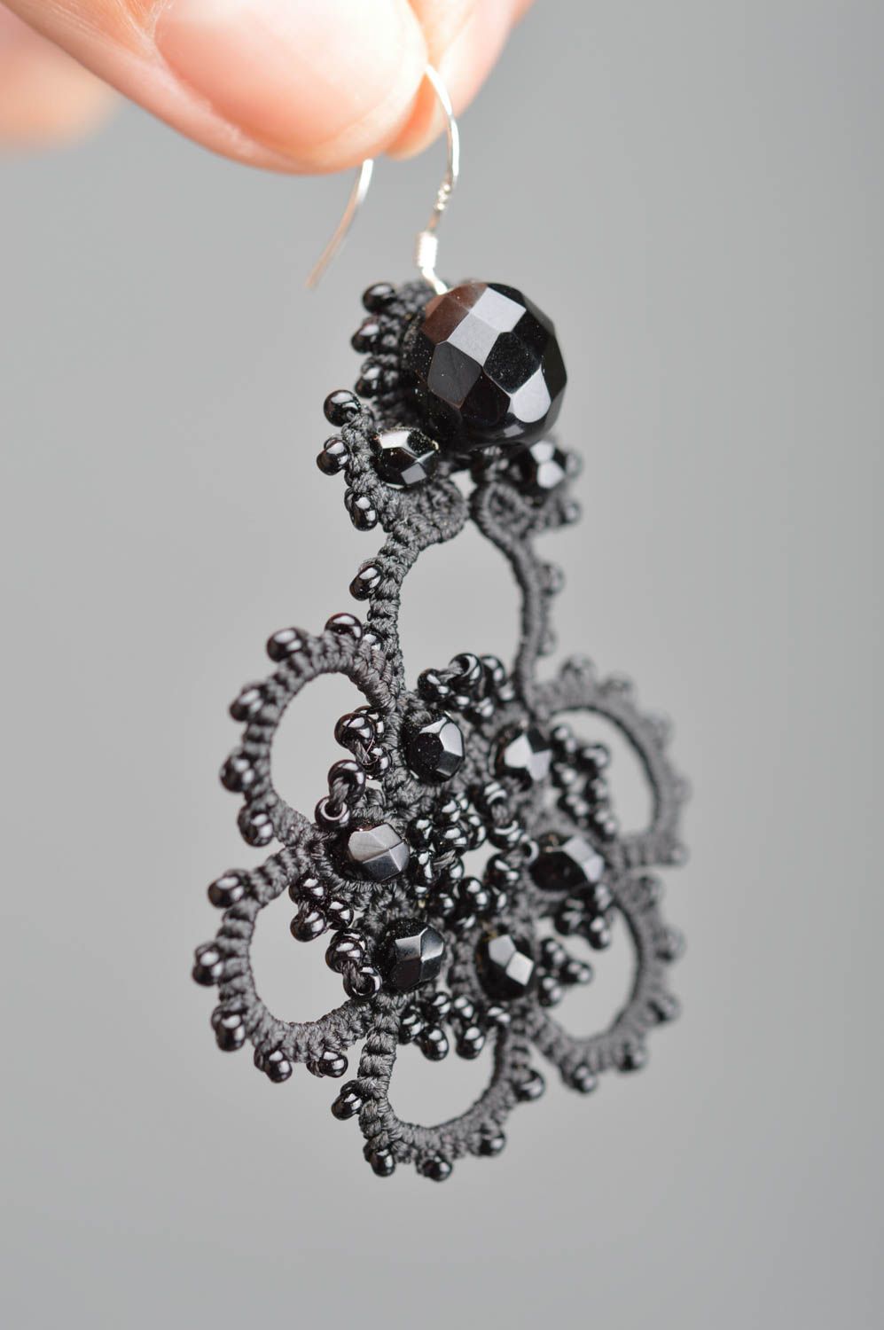 Handmade elegant beautiful evening black earrings made using tatting technique photo 3