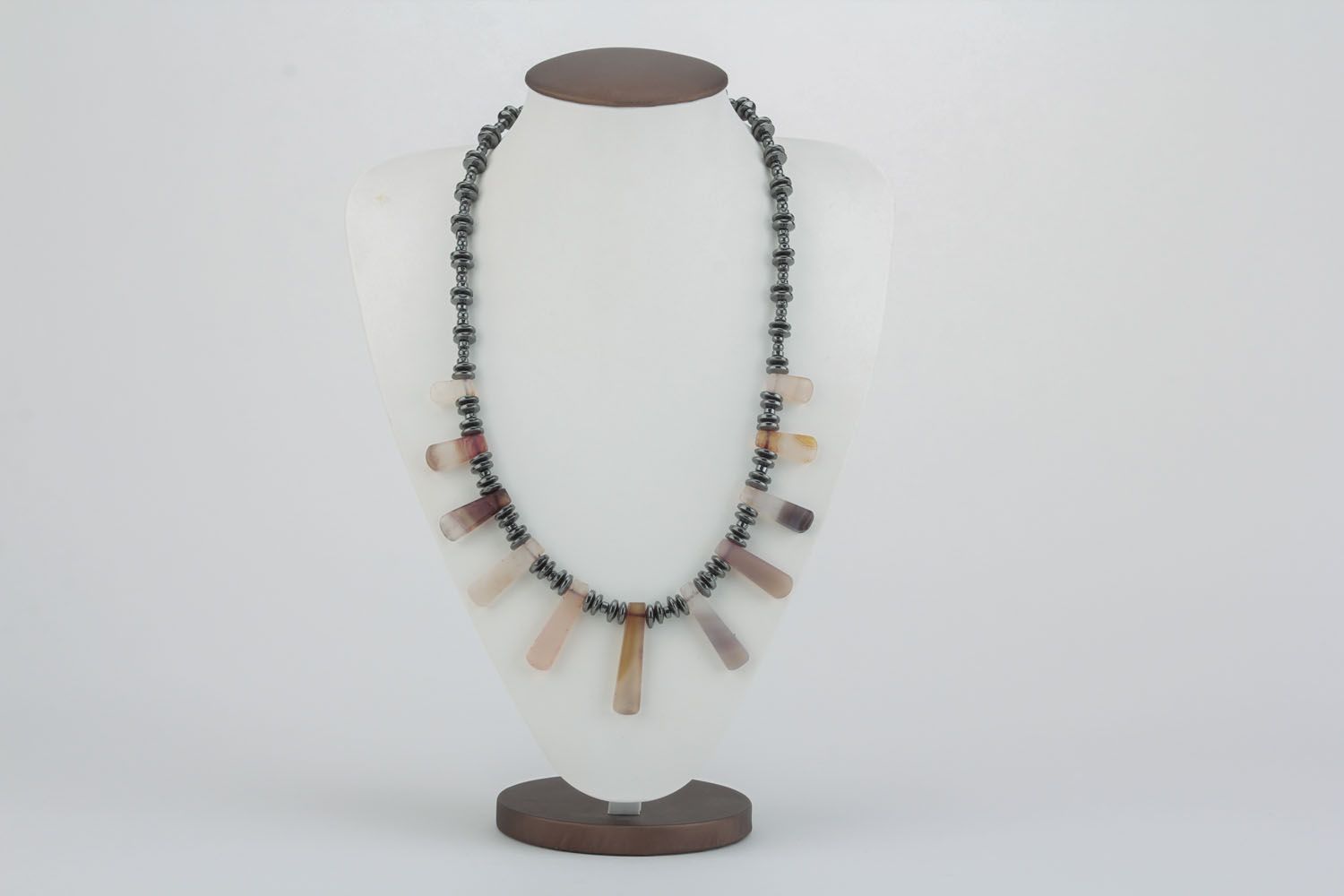 Bead necklace with natural stones in gray color palette photo 3