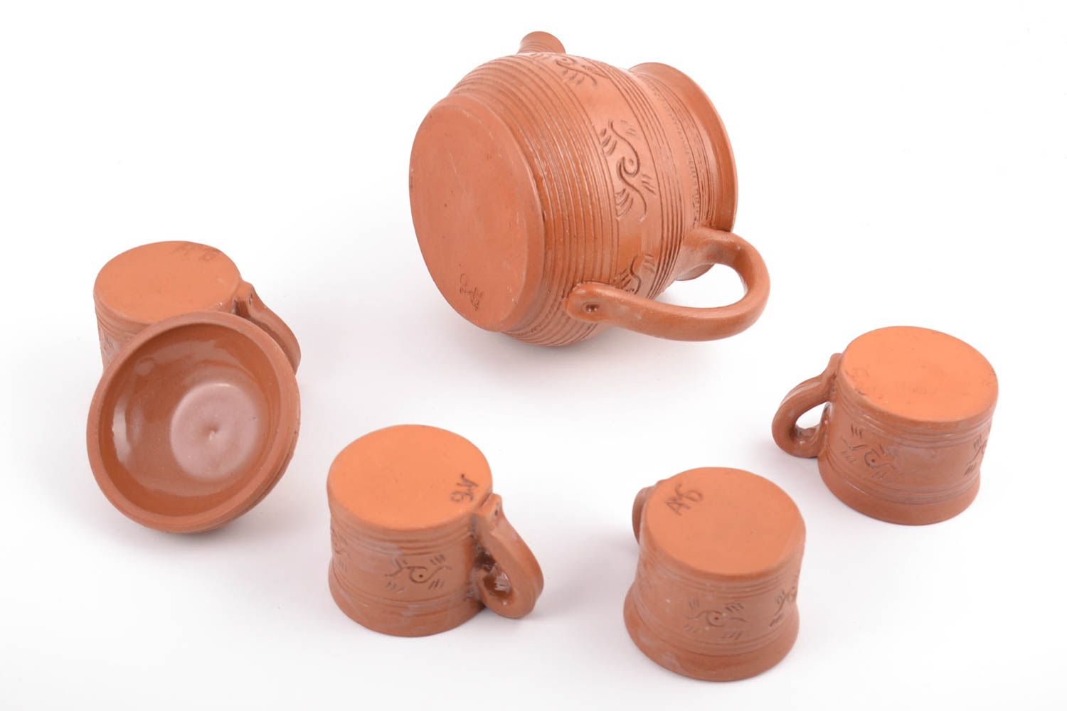 Terracotta Mexican style handmade clay pottery set of teapot and 4 four cups with handles photo 5