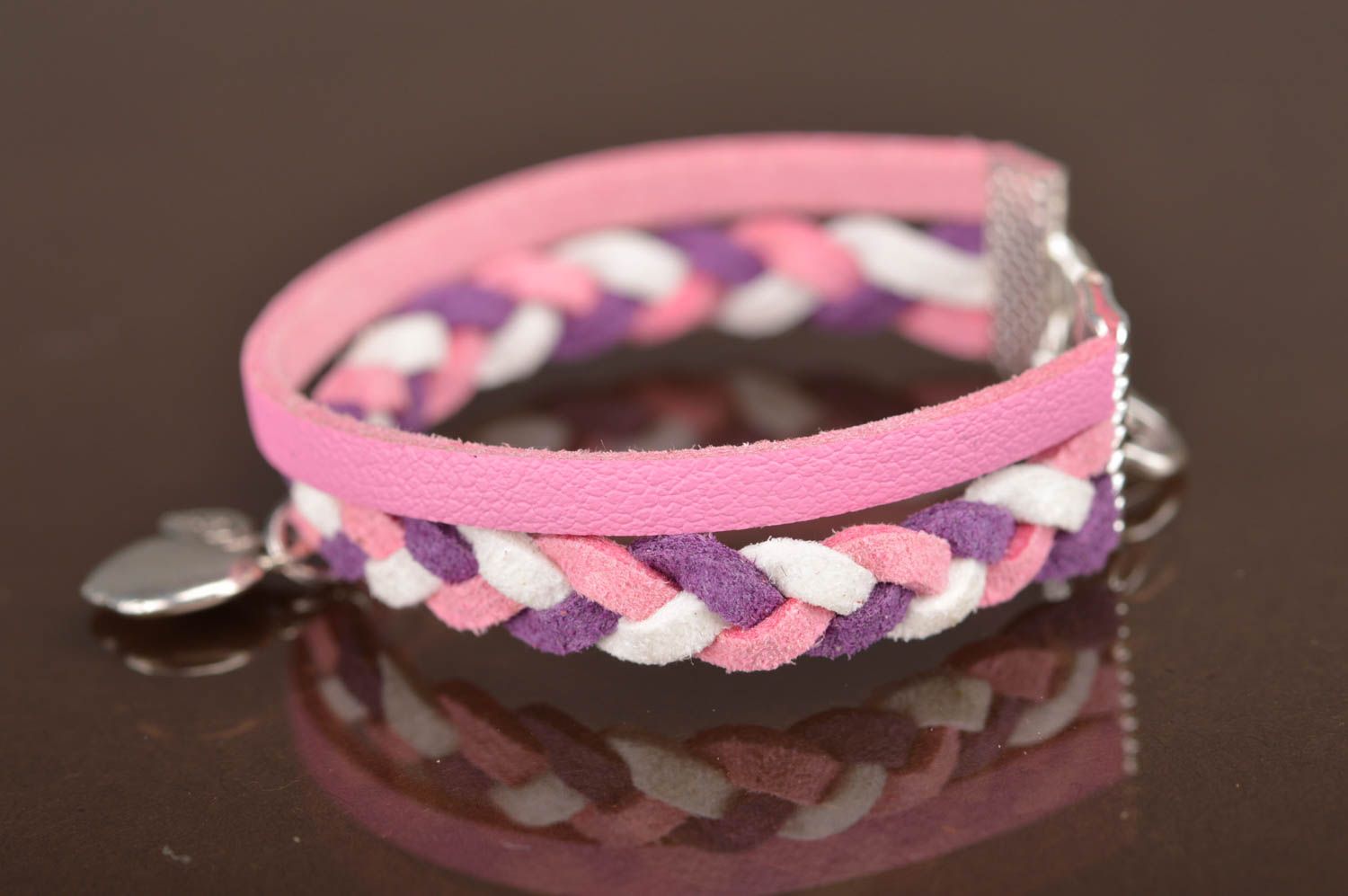 Handmade pink and violet genuine leather cord bracelet with metal apple charm photo 3