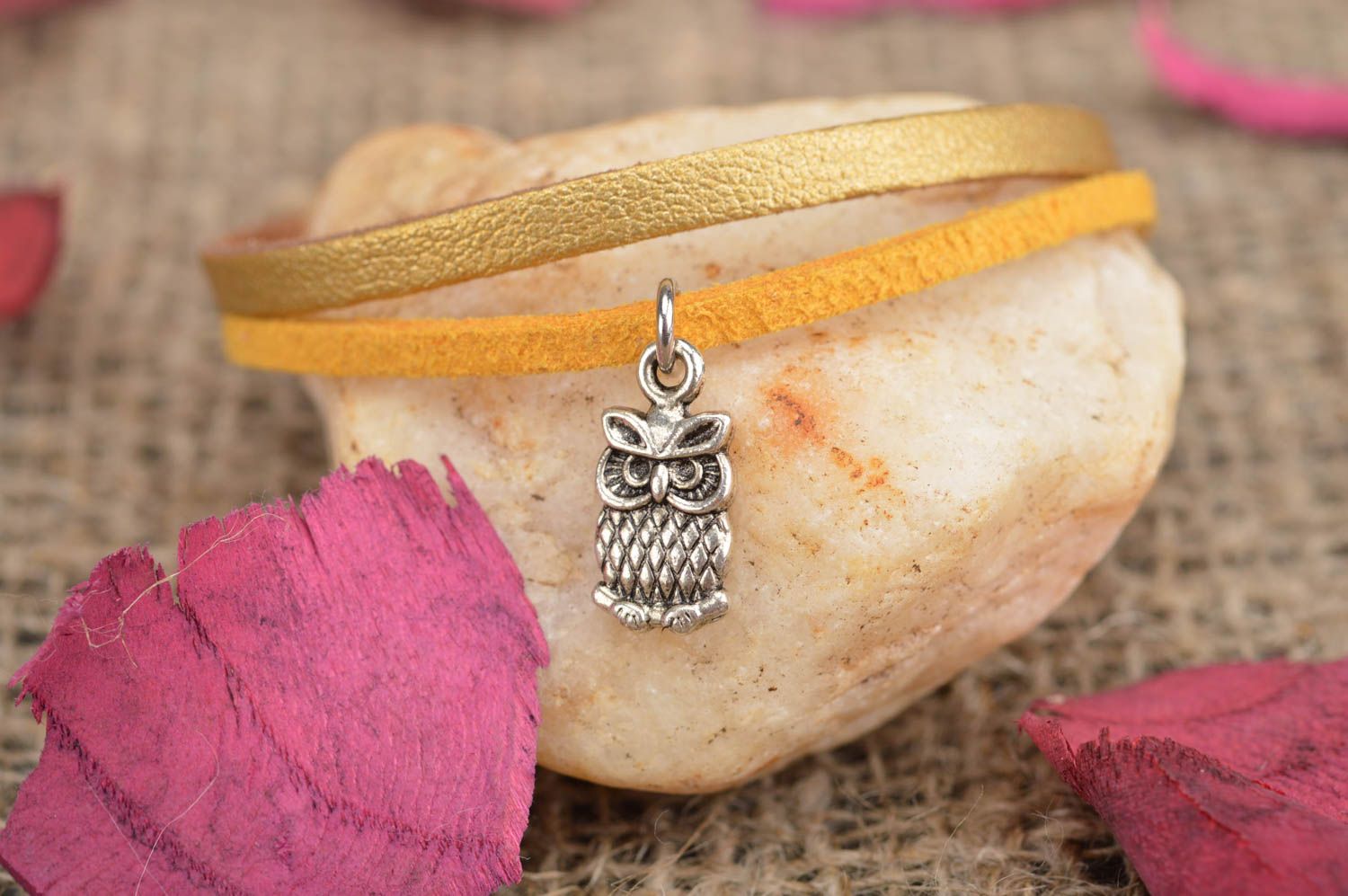 Handmade yellow and gold leather cord wrist bracelet with metal charm Owl photo 1