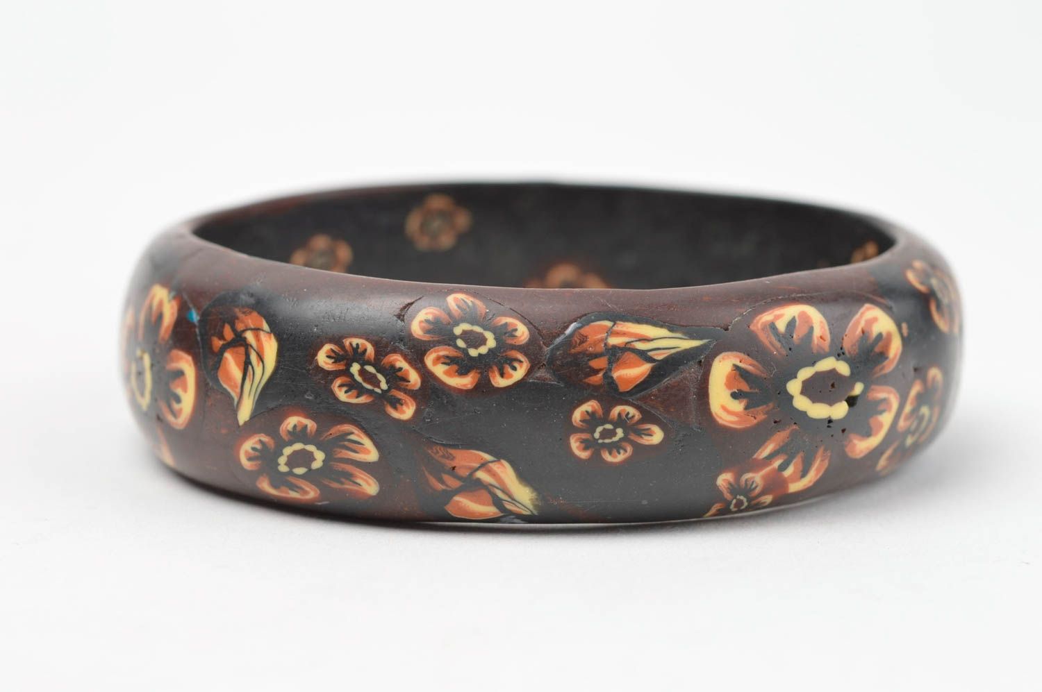 Polymer clay brown bangle bracelet with flowers photo 2