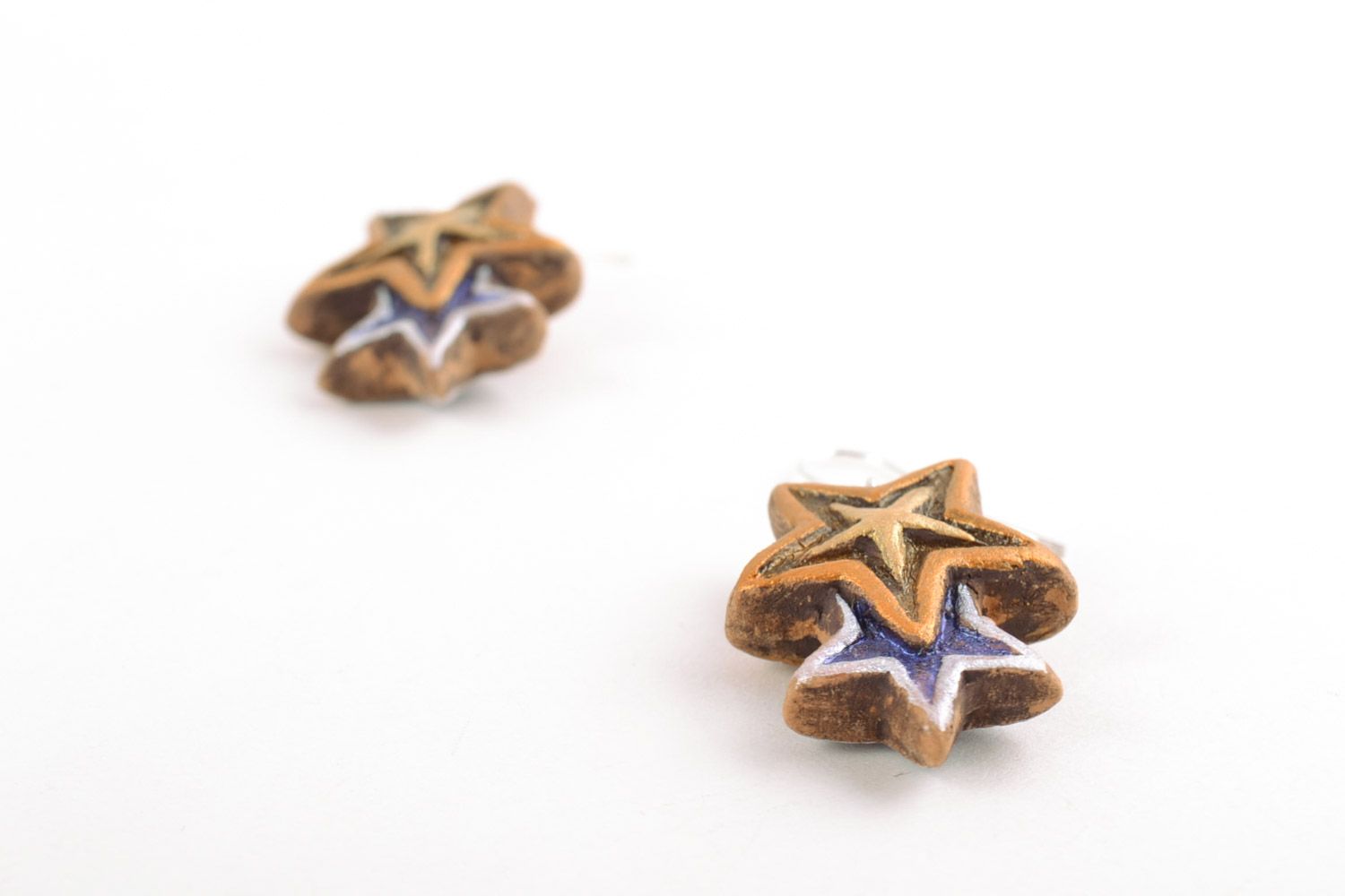 Handmade clay dangle earrings in the shape of stars with acrylic painting photo 2