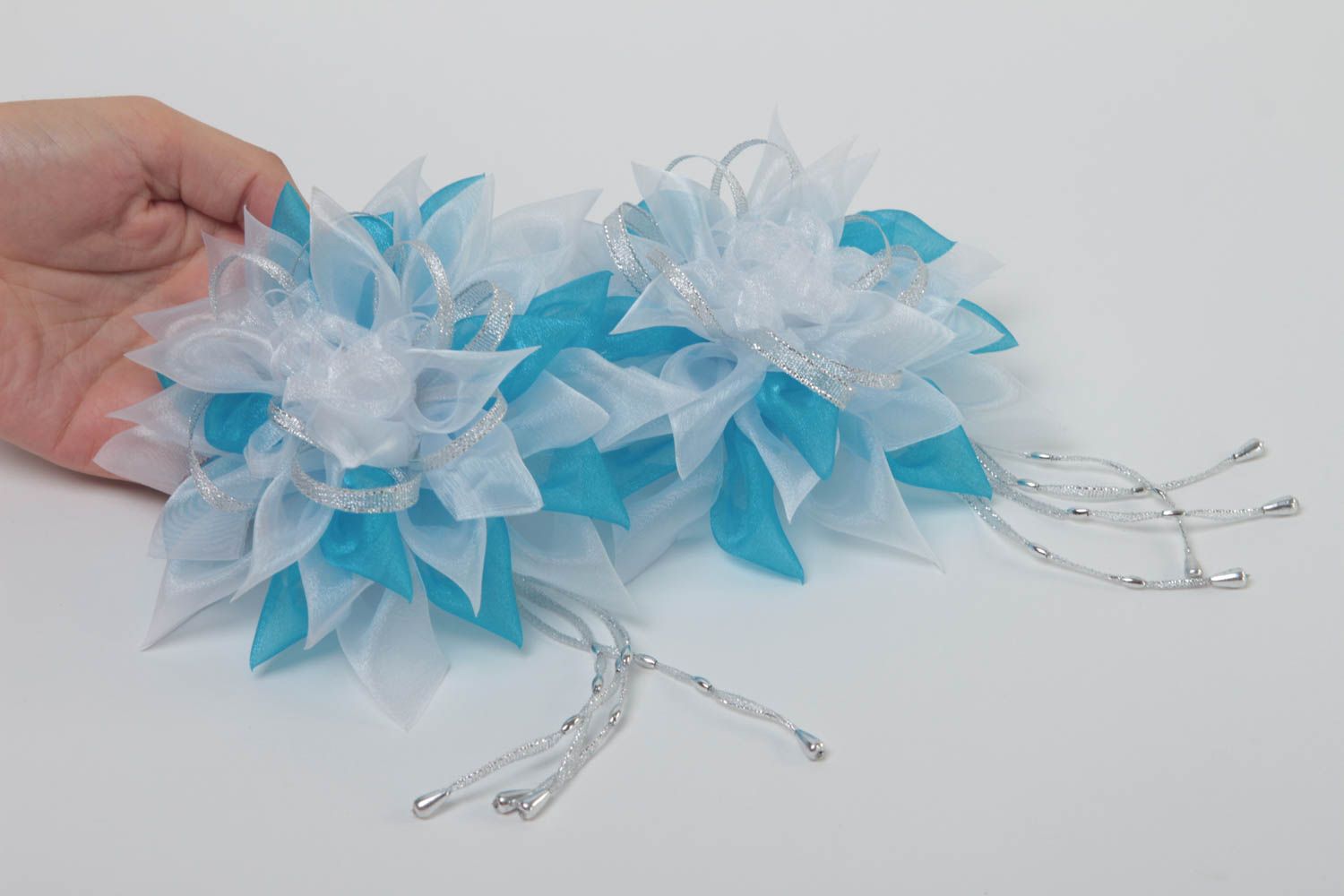 Handmade Haargummis mit Blumen Haarschmuck Set Mode Accessoires 2 Stück blau foto 5