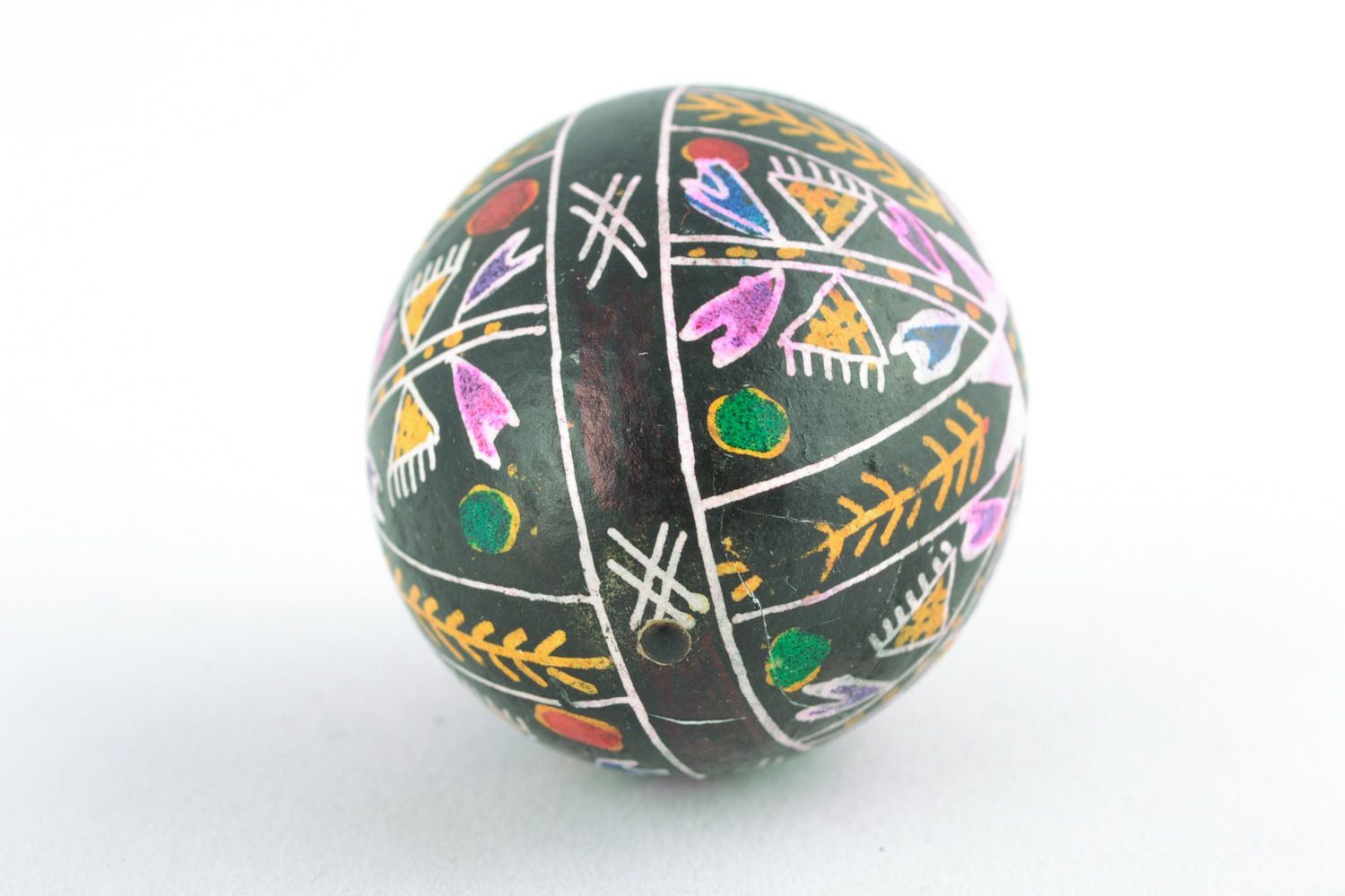 Handmade black Easter egg with rich pattern painted with wax and aniline dyes photo 5