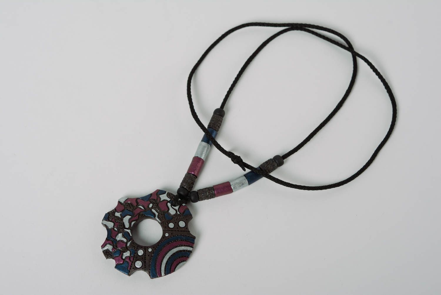 Beautiful clay neck pendant painted with color enamel and equipped with cord photo 1