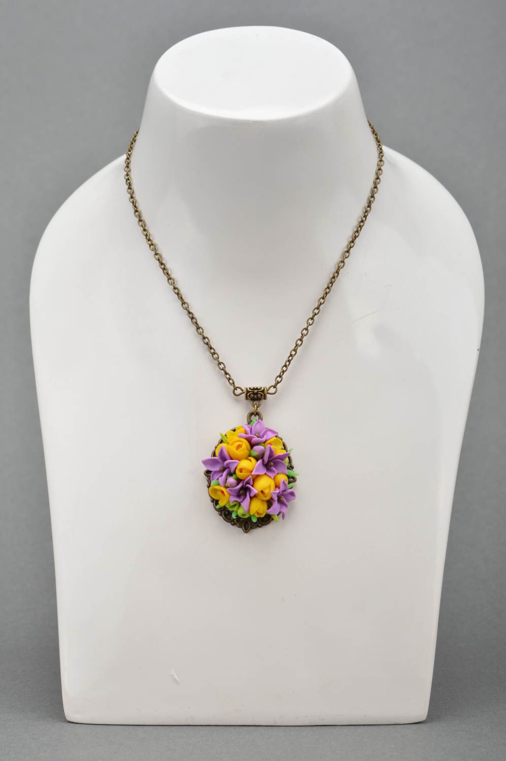 Beautiful handmade designer polymer clay flower neck pendant on chain Bouquet photo 3