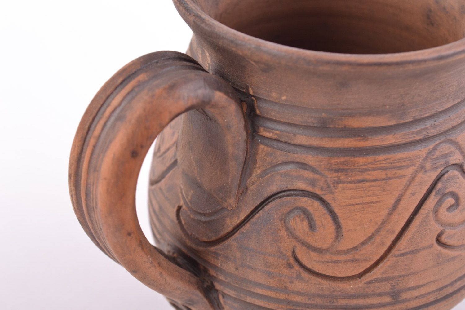 Rustic clay cup in brown color with handle and classic pattern 3 oz photo 4
