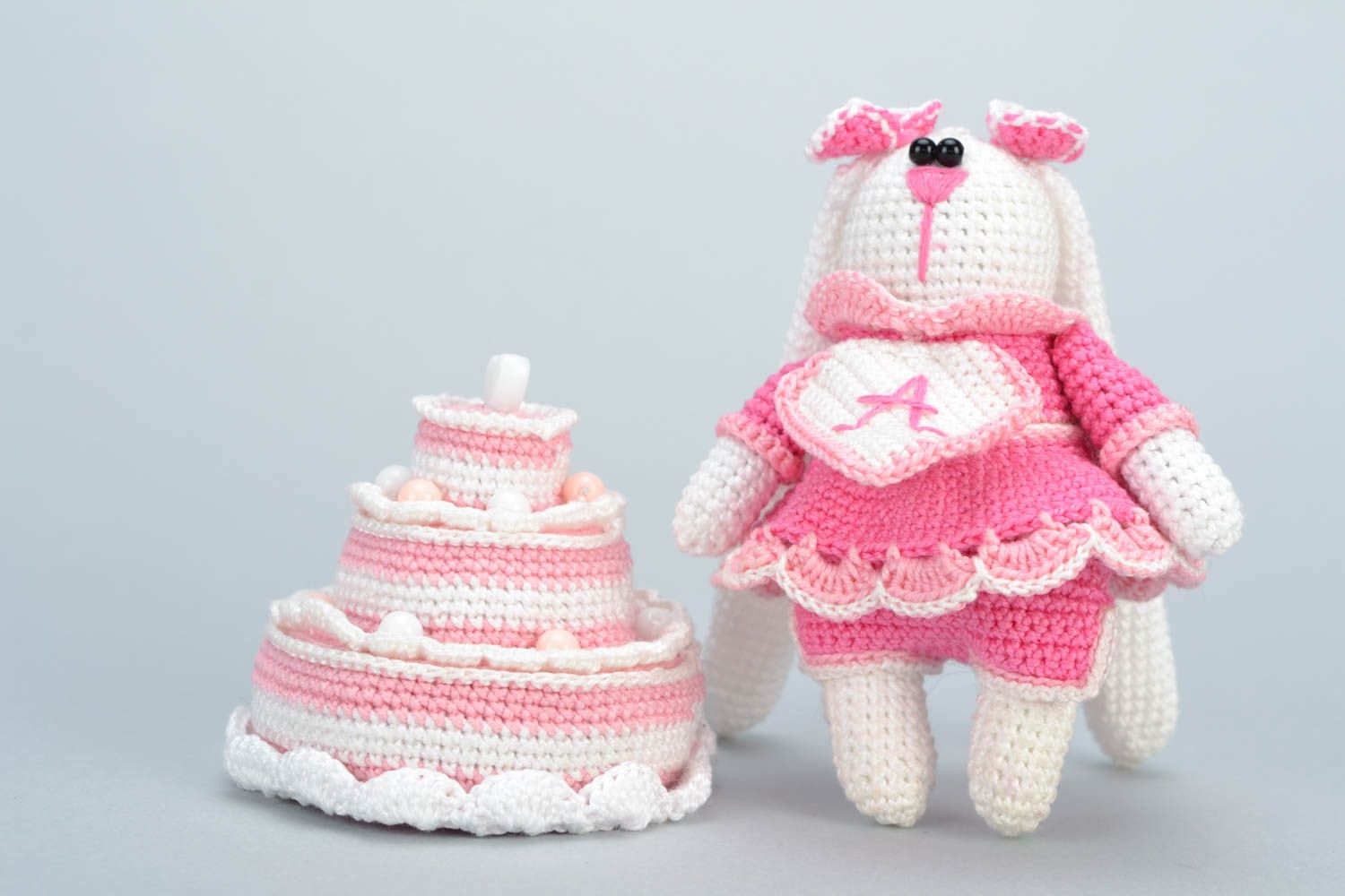 Handmade crochet soft toy hare girl in pink with cake children's gift photo 3