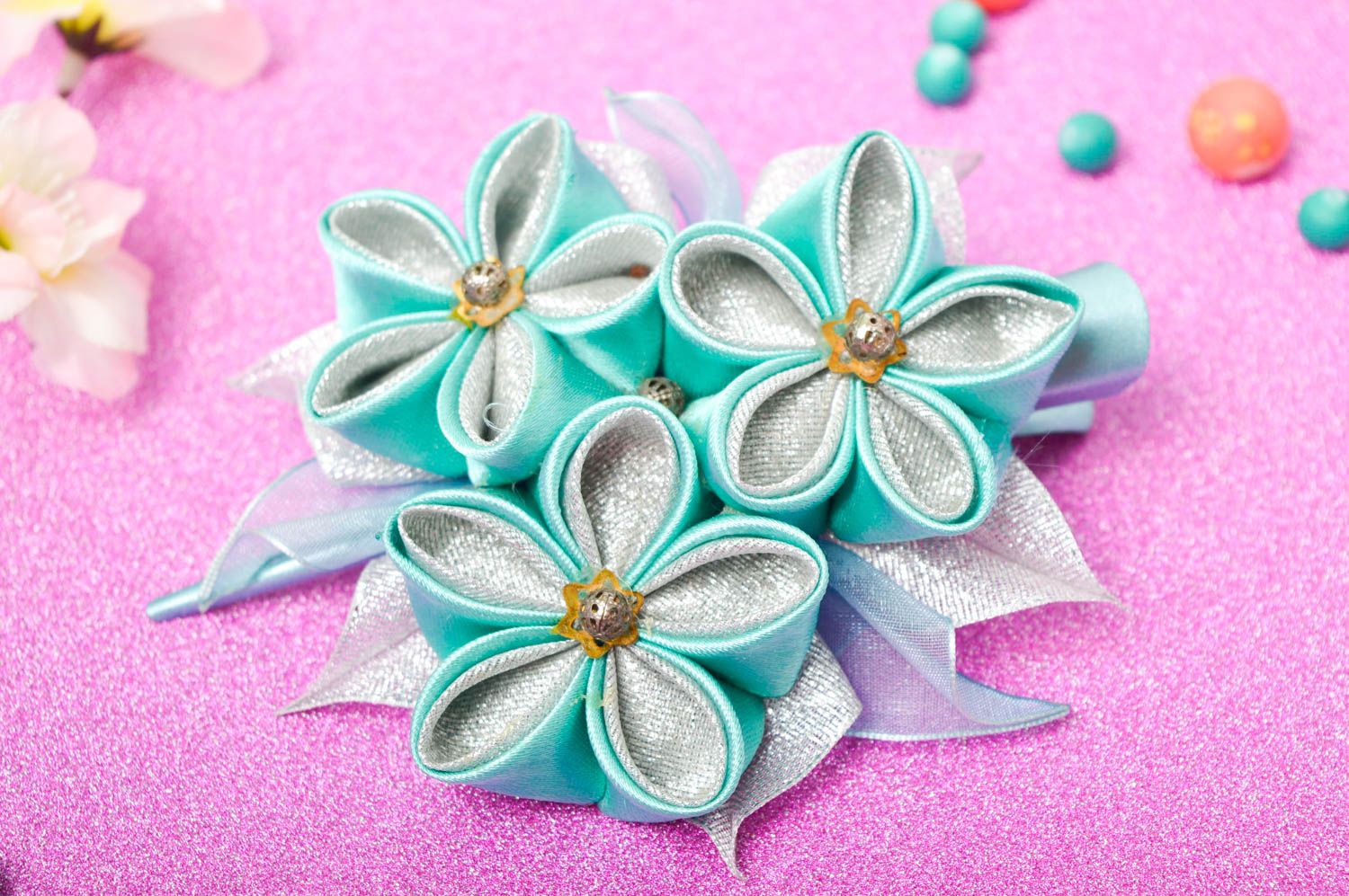 Designer satin barrette handmade hair clip hair accessories with flowers  photo 1