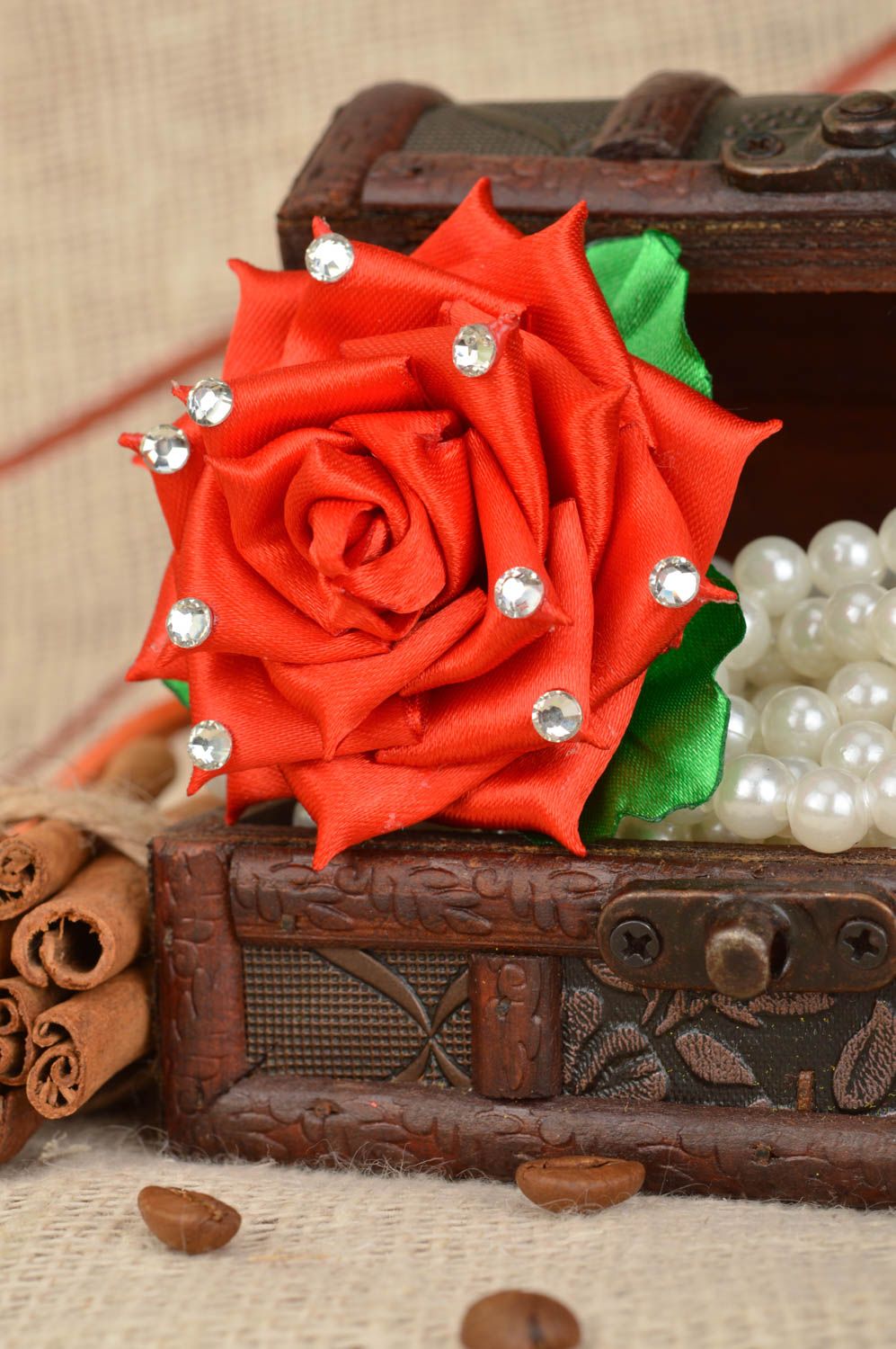 Handmade designer hair tie with red ribbon rose flower with rhinestones photo 5