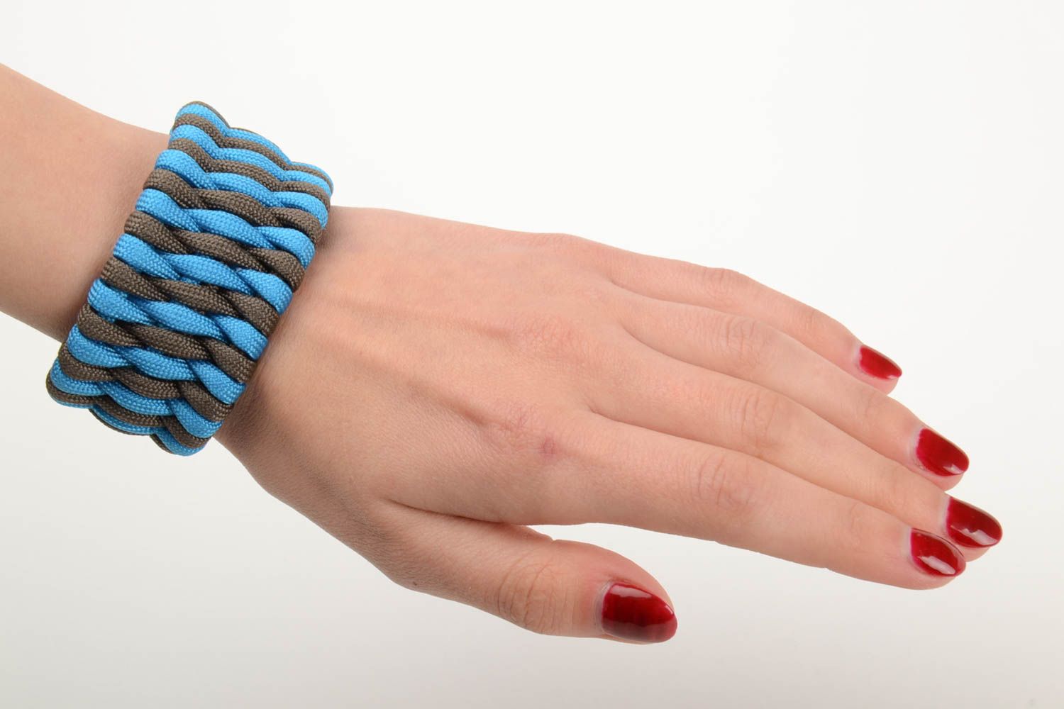 Handmade broad friendship wrist bracelet woven of blue and black paracords  photo 5