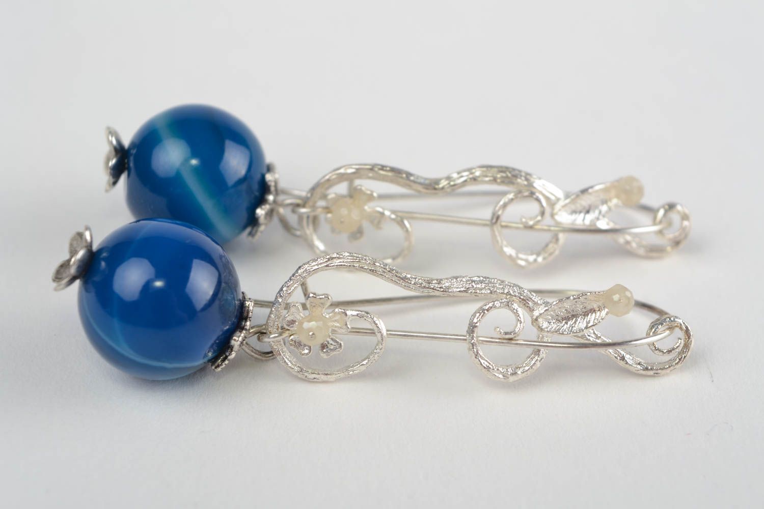 Handmade dangling earrings with silver colored fittings and blue agate beads photo 2