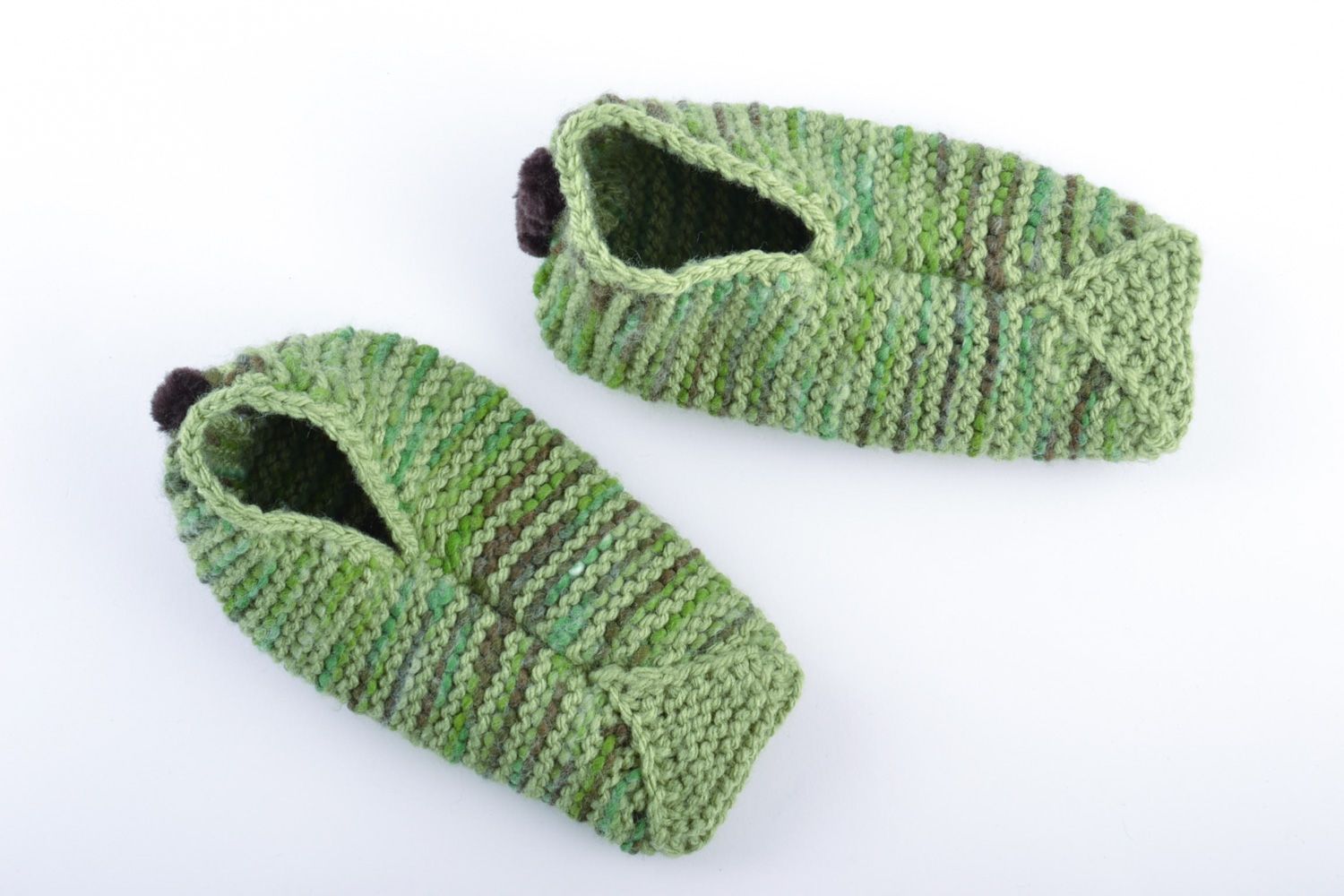 Light green warm hand knitted wool house slippers for adults and children photo 4