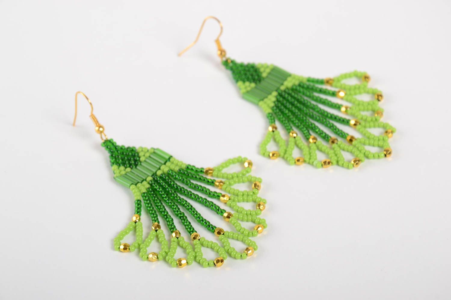 Handmade green earrings beaded long accessories earrings with charms for girls photo 3